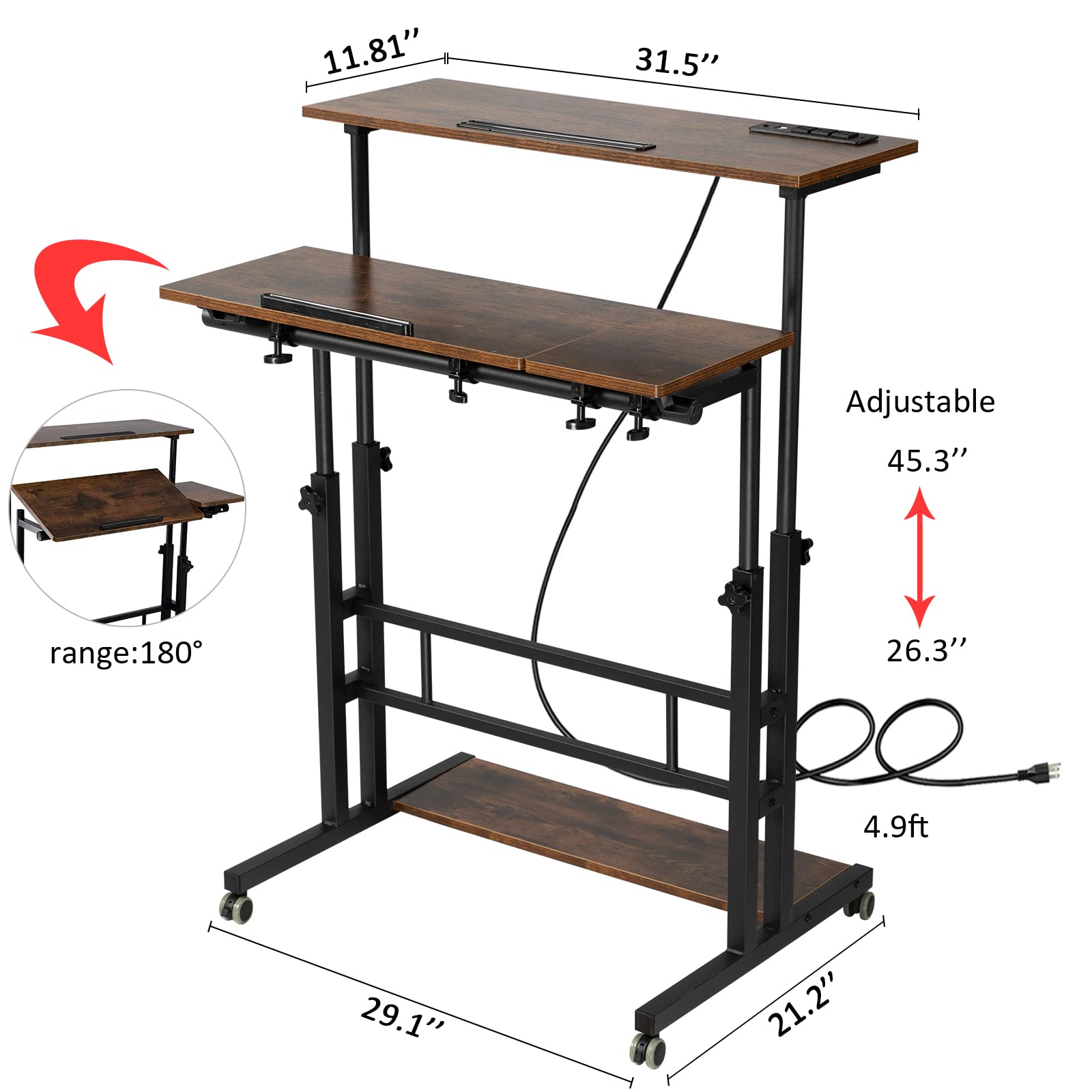 Mobile Standing Desk Adjustable Height, Rolling Desk Stand Up Desk, Mobile Laptop Desk, Rolling Computer Desk with Charging Station, Portable Desk with Wheels, Rustic Brown