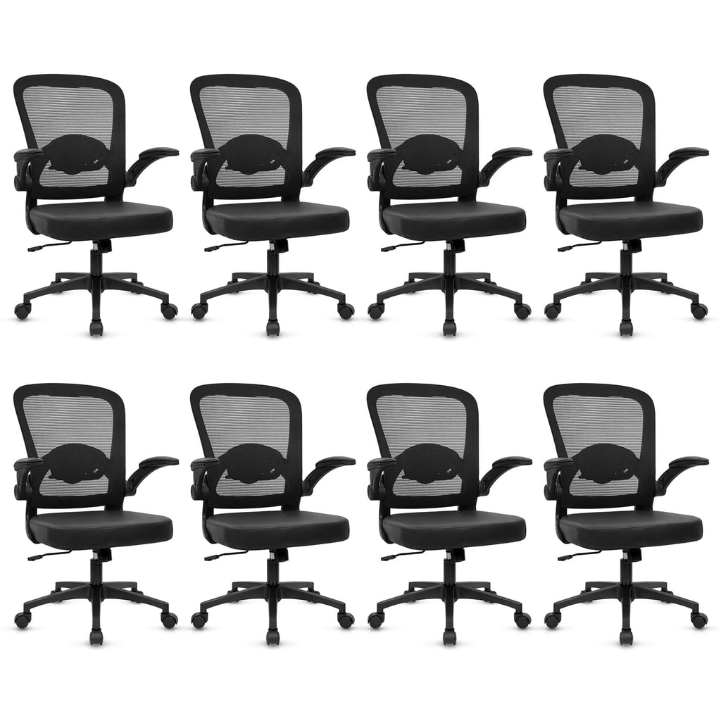 KLASIKA Home Office Desk Chair with Flip Up Armrests, Mesh Back Chair with Adjustable Height Lumbar Support and Leather Seat, Ergonomic Computer Task Chair for School, Conference, Black(8PK)