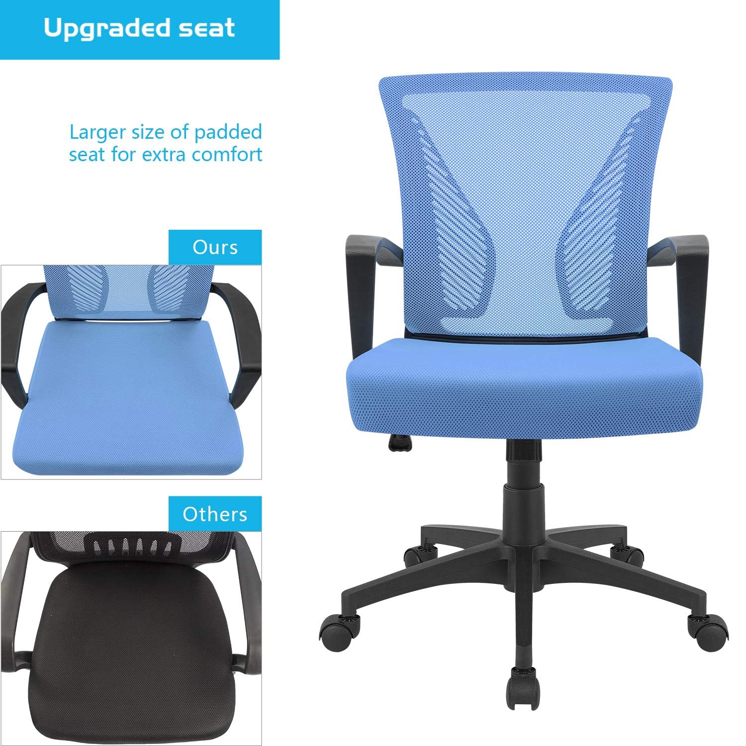 (2, Blue) Office Chair Ergonomic Computer Desk Mesh Chair Mid Back Swivel Lumbar Support with Armrest