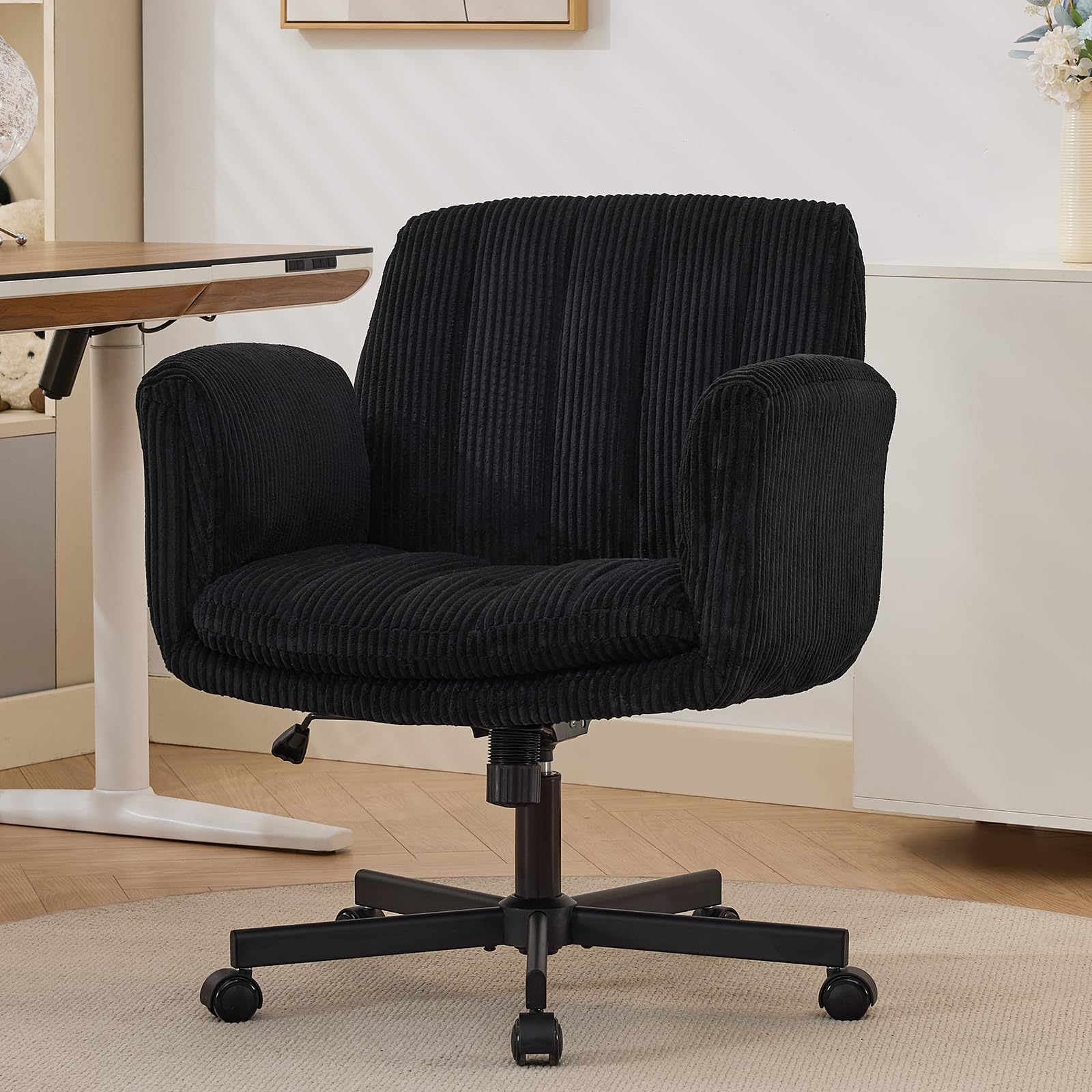 Criss Cross Office Chair with Wheels and Arms, Vanity Chair with Back, Comfy Swivel Cross Legged Office Chairs for Ultimate Comfort and Support, Unique Multifunctional Stylish Arms (Corduroy Black)