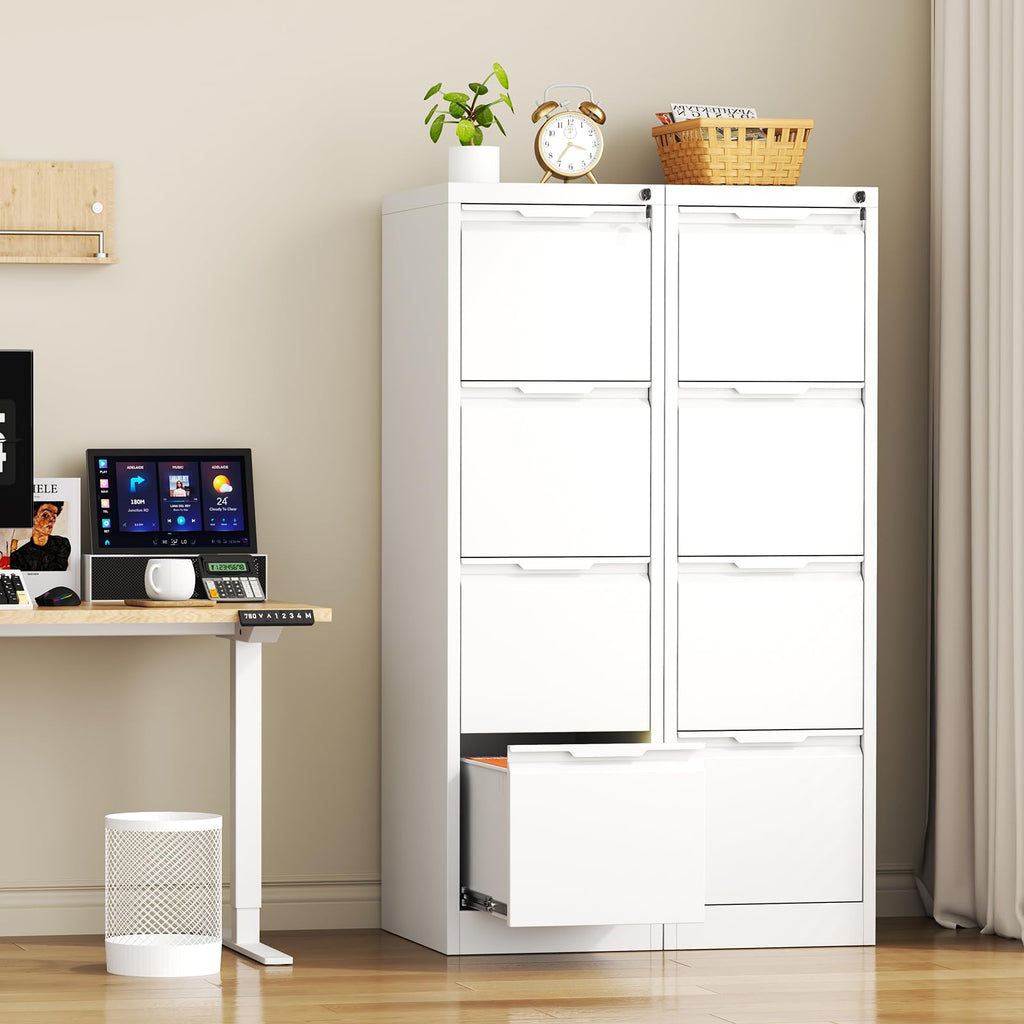 4 Drawer File Cabinet with Lock,Metal Vertical Filing Cabinets for Home Office,Heavy Duty File Storage Cabinet for Letter/Legal/A4/F4 Size File,Easy to Assemble,Black,White