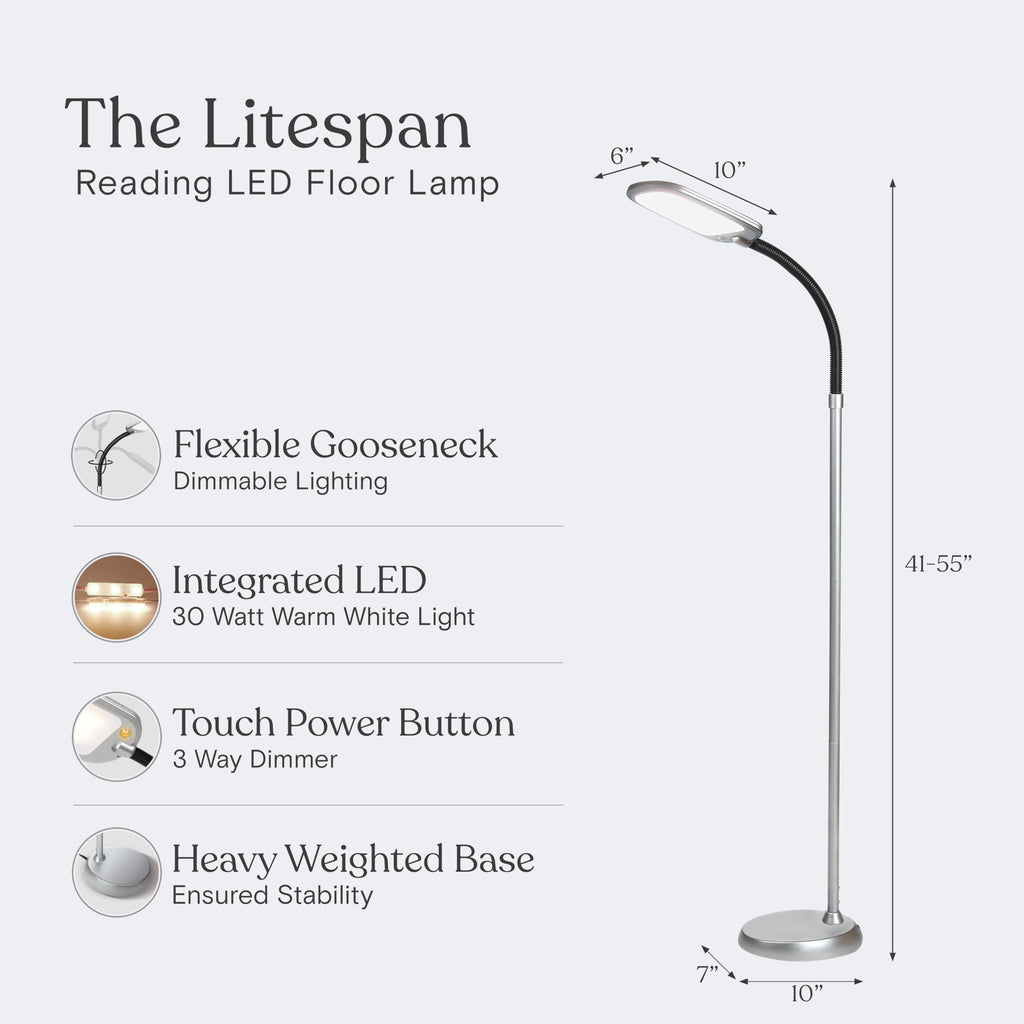 Litespan Slim LED Floor Reading Lamp with Adjustable Gooseneck for Living Rooms & Offices, Dimmable Standing Lamp for Bedroom - Silver