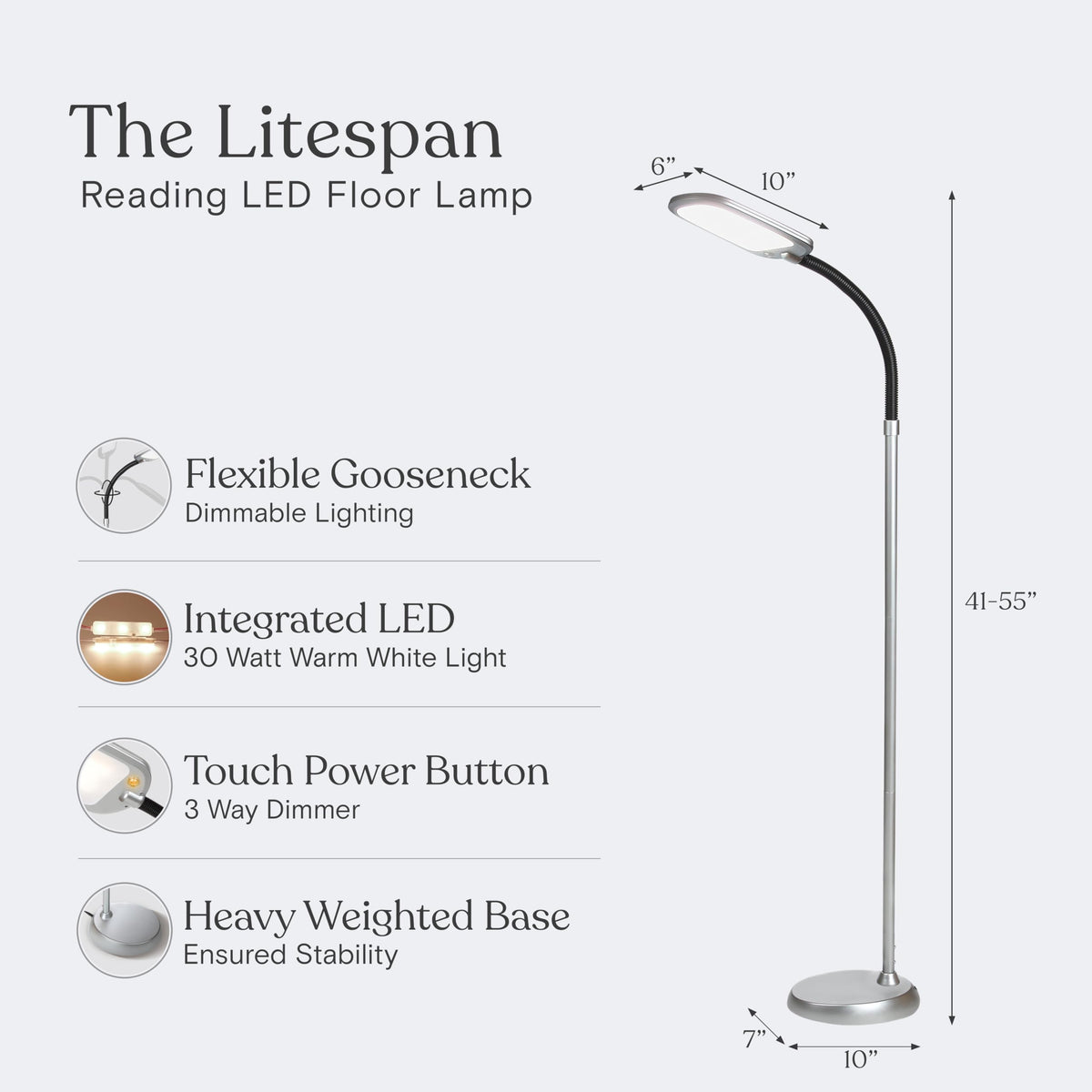 Litespan Slim LED Floor Reading Lamp with Adjustable Gooseneck for Living Rooms & Offices, Dimmable Standing Lamp for Bedroom - Silver