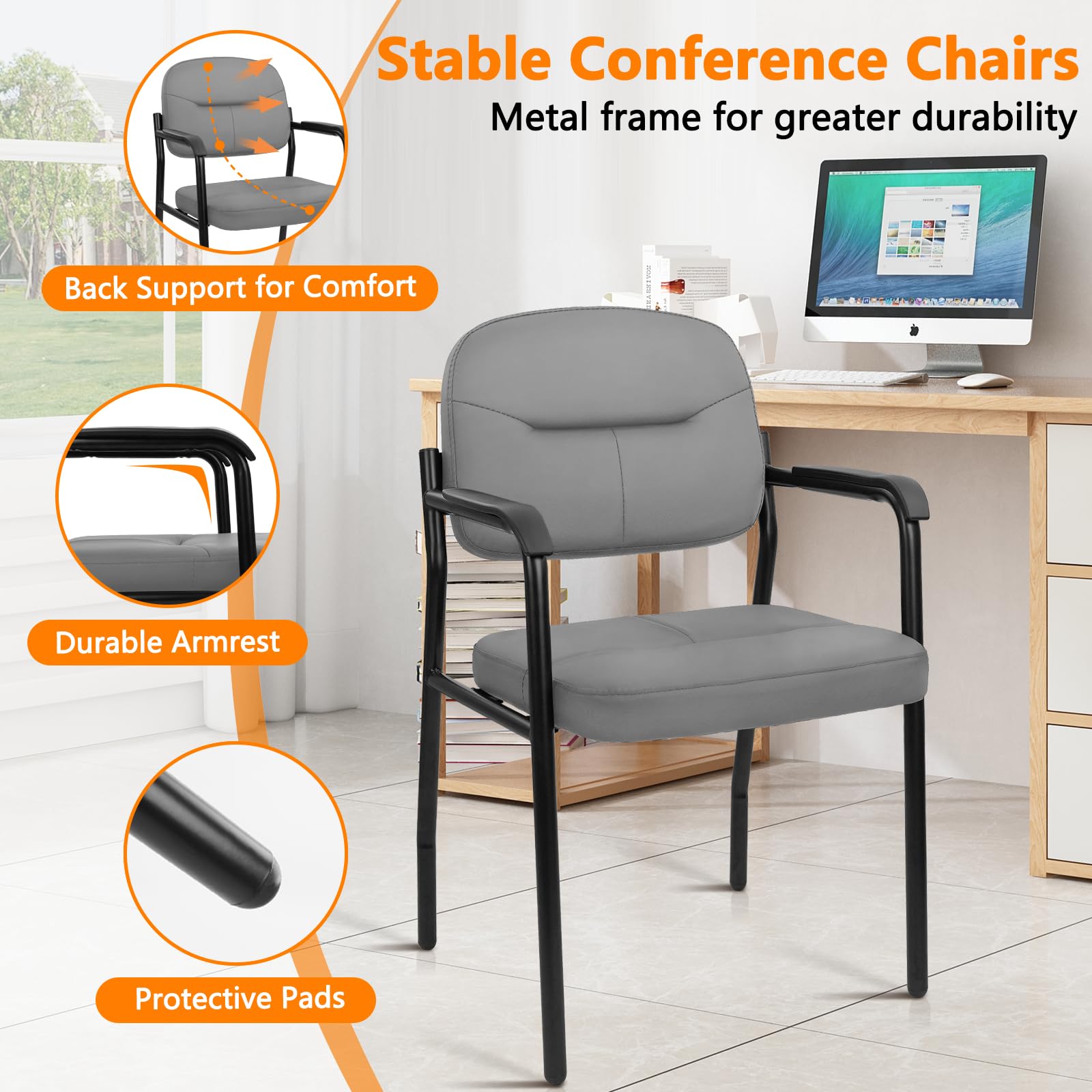 Leather Guest Chair Sets of 8, Office Reception Chair No Wheels with Armrests and Lumber Support, Ergonomic Desk Armchair for Meeting Waiting Conference Lobby Room, Grey