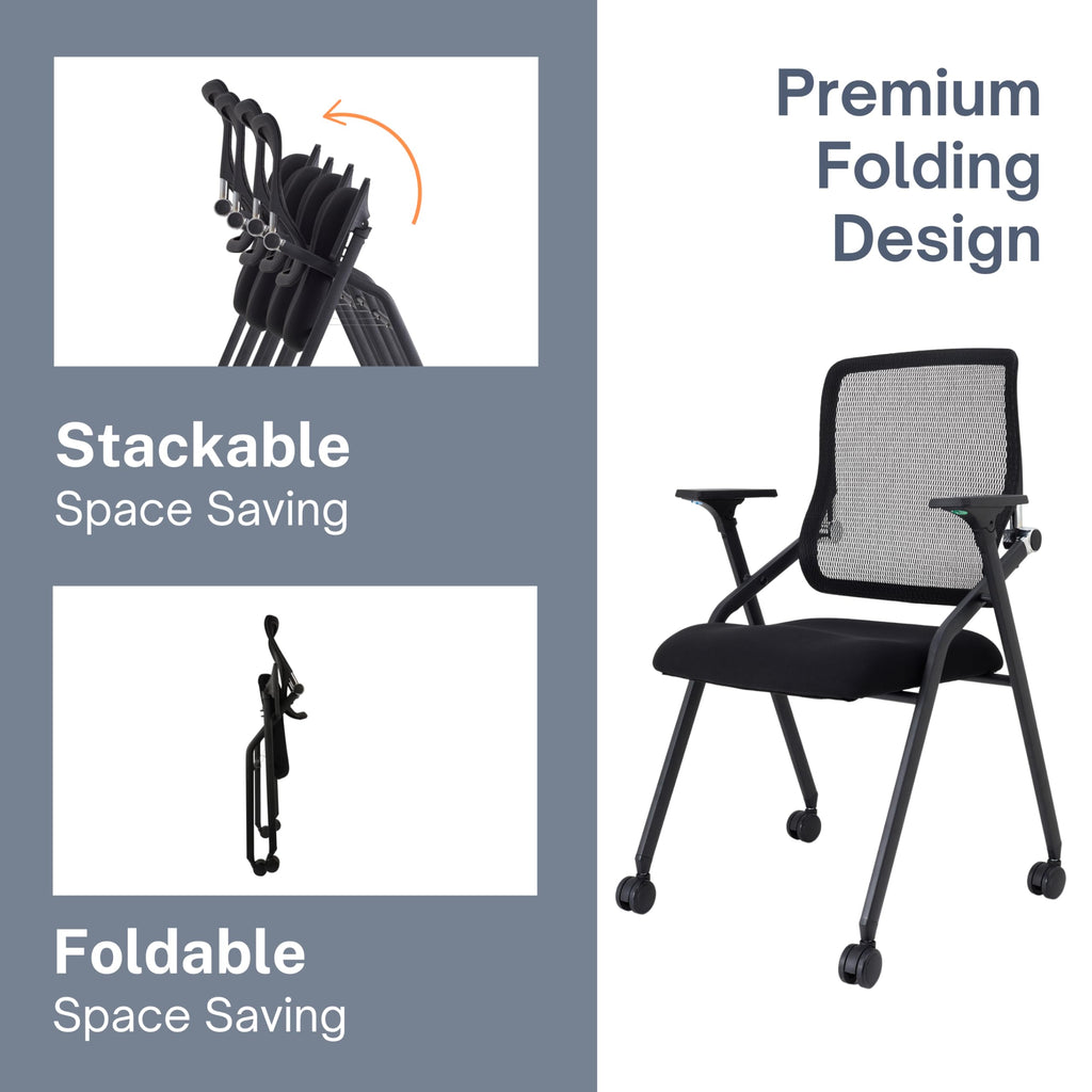 6 Pack Black, Updated Conference Room Chairs, Folding Office Desk Chair with Lumbar Support and Sliding Armrest with Casters, Stackable Office Guest Chairs & Reception Chairs