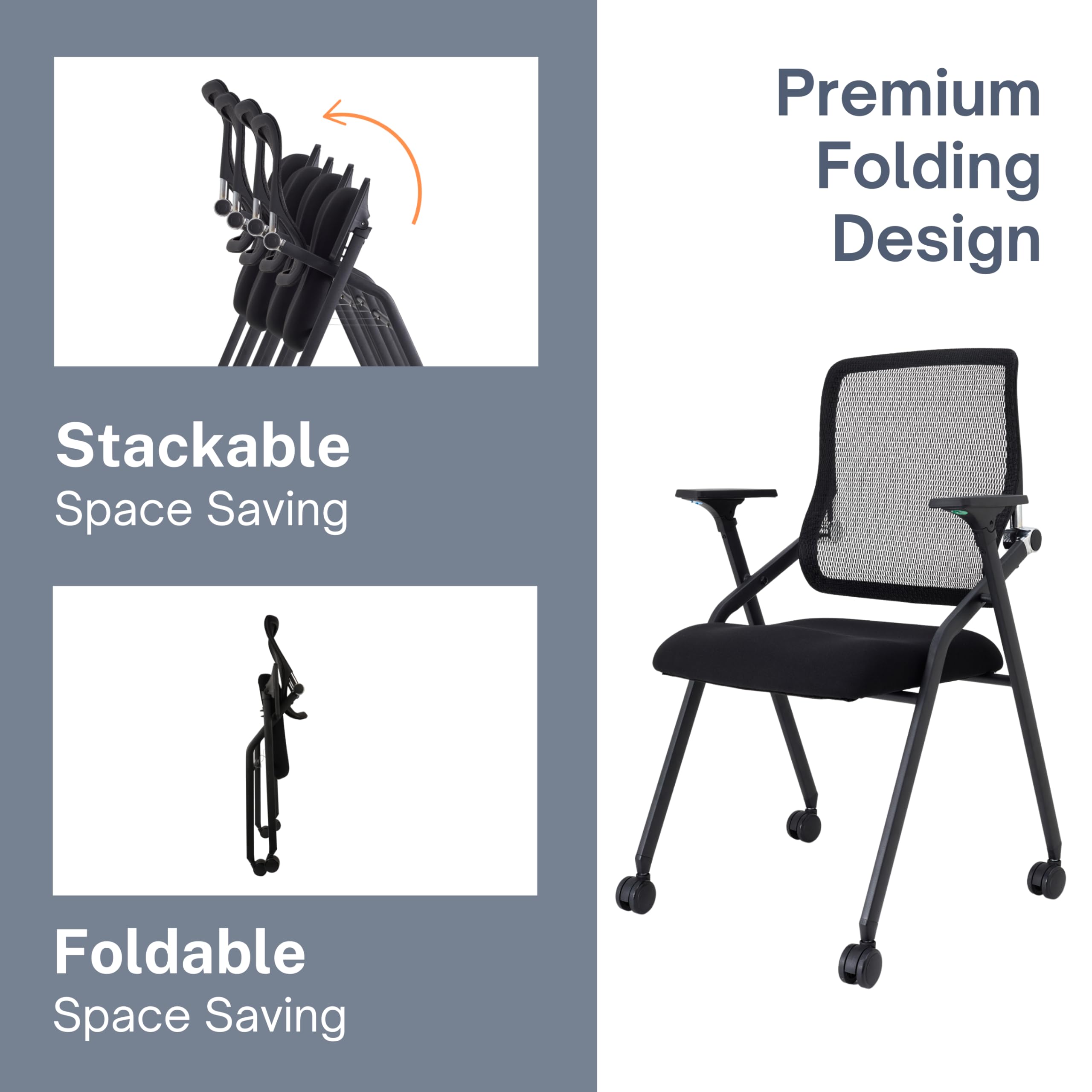 6 Pack Black, Updated Conference Room Chairs, Folding Office Desk Chair with Lumbar Support and Sliding Armrest with Casters, Stackable Office Guest Chairs & Reception Chairs