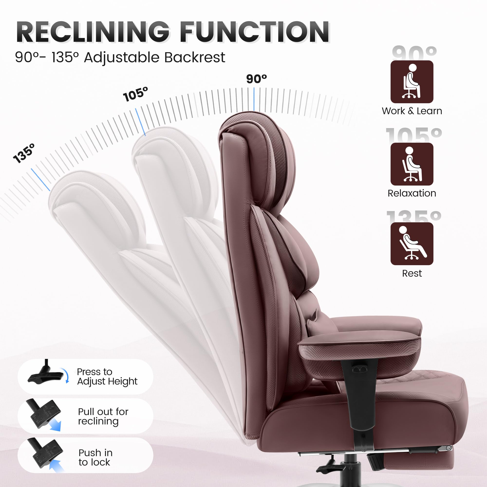 Office Desk Chair, Big and Tall Leather Gaming Chair with Footrest, Wide Ergonomic Comfy Executive High-Back Reclining Computer Chairs, Swivel Rolling Wheels and Padded Lumbar Support,Coffee