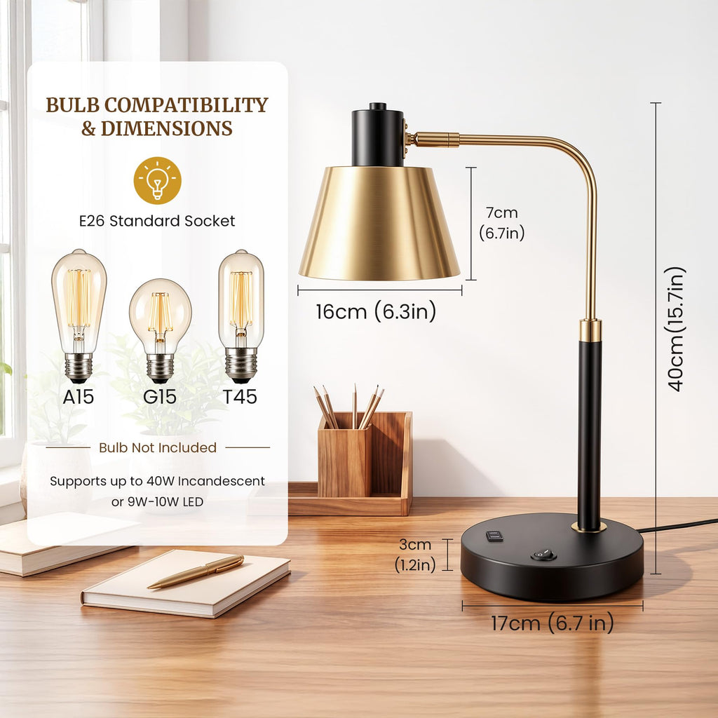 Desk Lamp with USB-C, USB-A and AC Outlet, Adjustable E26 Table Lamp for Home Office and Bedside Reading, Matte Black and Brushed Brass-Look, Bulb Not Included