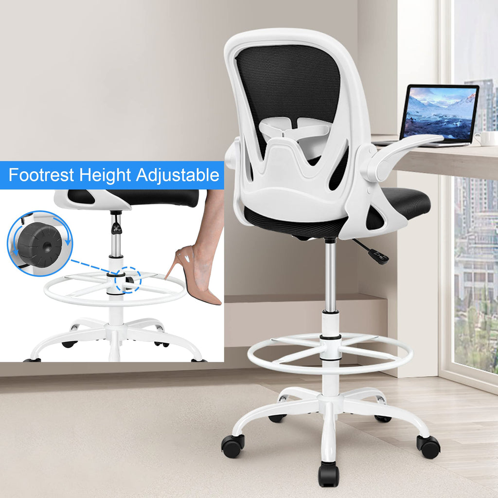 Ergonomic Drafting Chair with Flip-up Armrests Tall Office Chair for Standing Desk Comfortable Desk Chair with Adjustable Footrest Ring and Lumbar Support in Gray Perfect for Home (White)