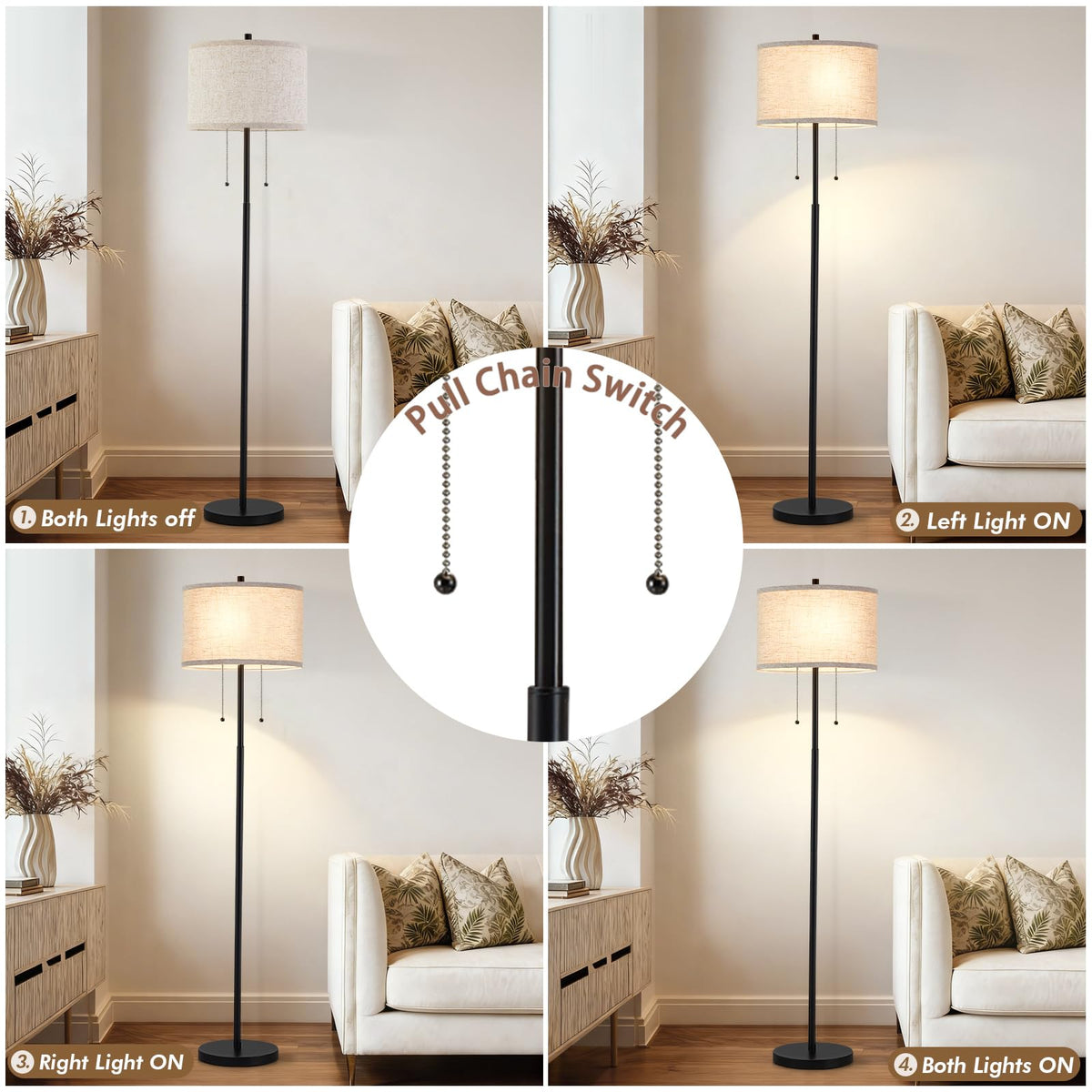 Black Floor Lamp, 62" Standing Lamp for Living Room with Lampshade