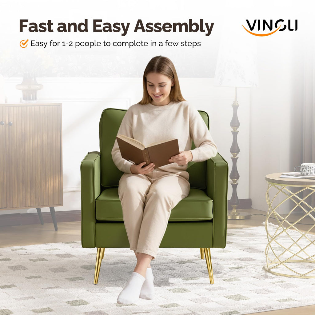 Modern PU Leather Accent Chairs Set of 2, Single Sofa Chair with Pocket Coil Seat, Metal Backrest & Solid Wood Frame, Upholstered Armchair for Office, Living Room, Bedroom