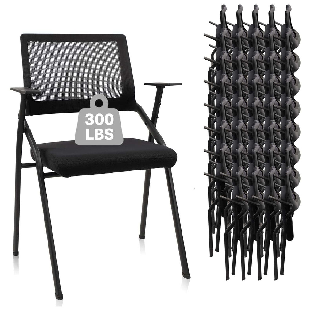 Black (40 pk) Stackable & Foldable Office Chairs with Ergonomic Lumbar Support and Thickened Seat Cushion, Folding Mesh Fabric Reception Guest Chair for School Church Conference Waiting Room