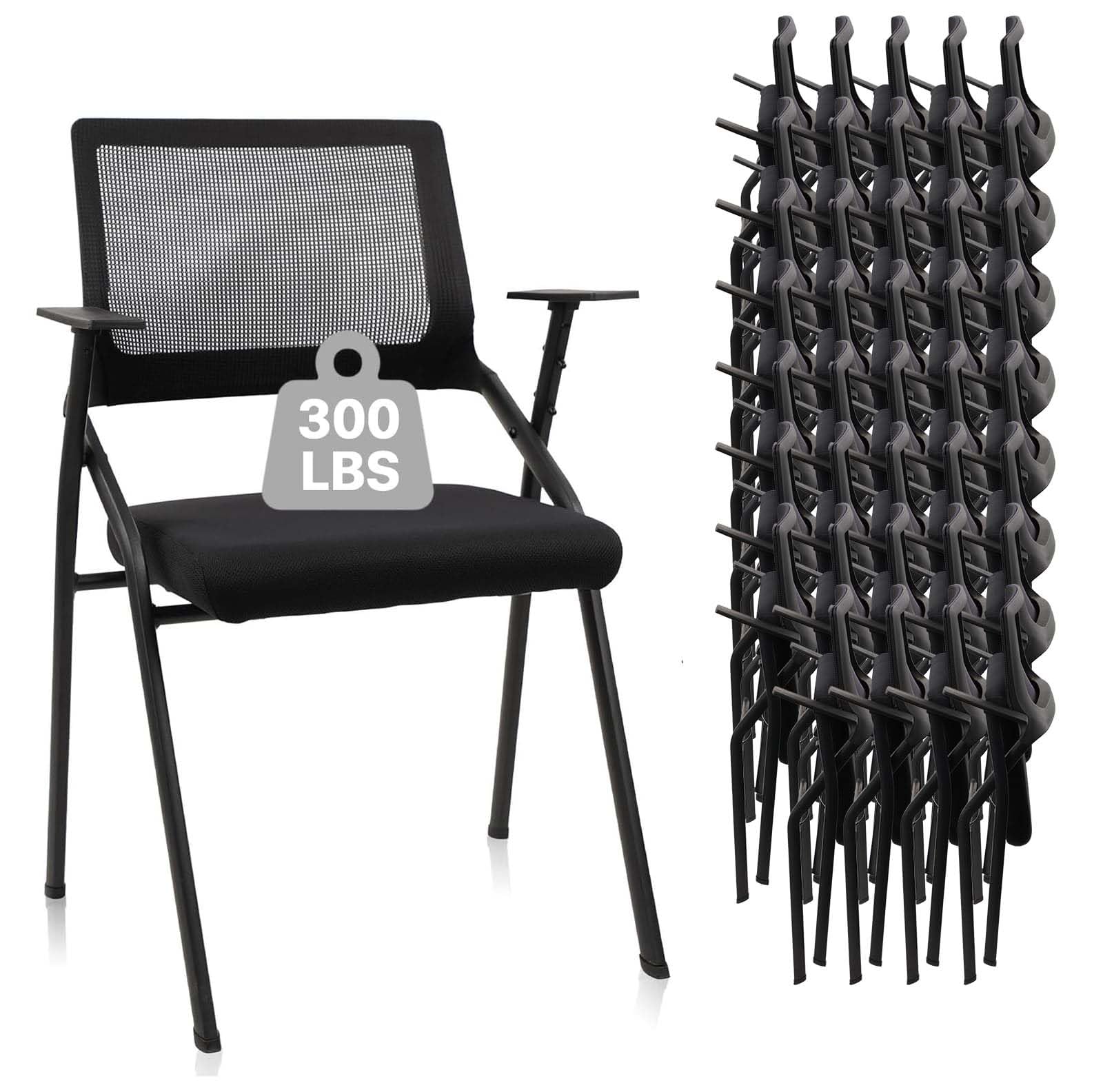 Black (40 pk) Stackable & Foldable Office Chairs with Ergonomic Lumbar Support and Thickened Seat Cushion, Folding Mesh Fabric Reception Guest Chair for School Church Conference Waiting Room