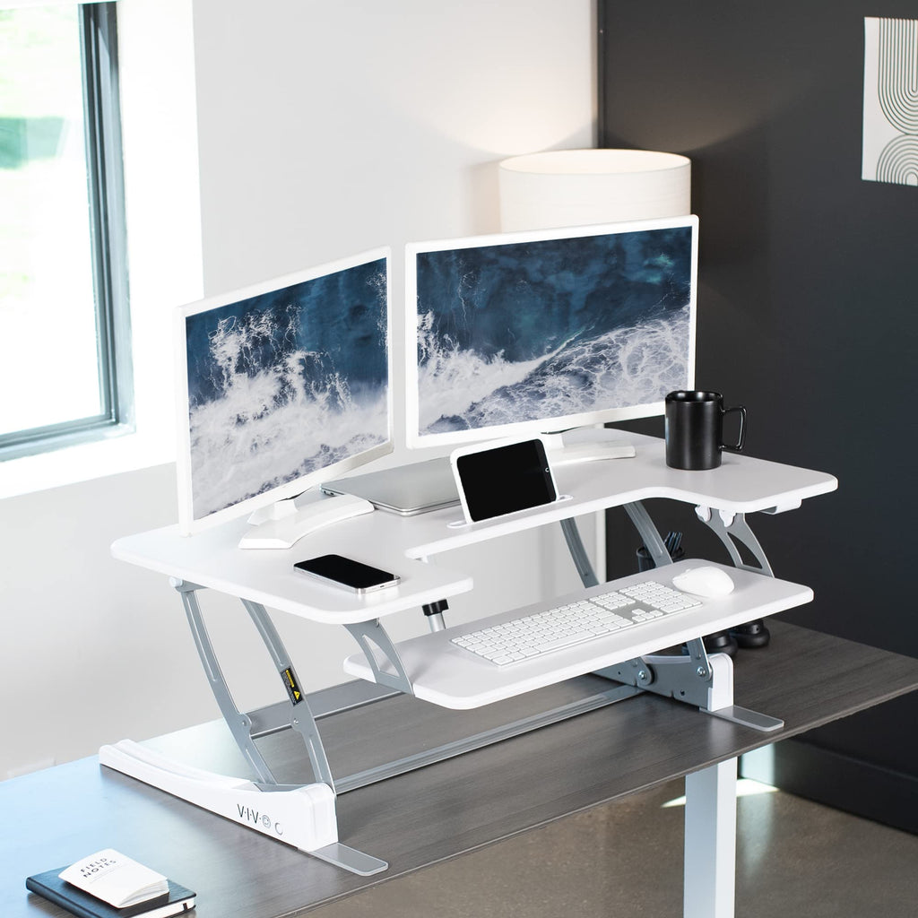 42 inch Height Adjustable Stand Up Desk Converter, V Series, Quick Sit to Stand Tabletop Dual Monitor Riser Workstation, White