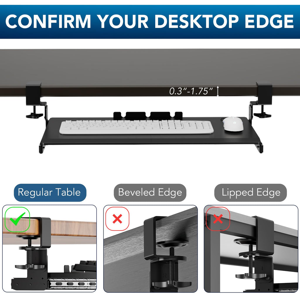 Keyboard Tray Under Desk Pull Out with Extra Sturdy Adjustable C Clamp Mount System, 27.3 (32.5 inch Including Clamps) x 11 Inch Slide-Out Platform Computer Drawer for Typing, Black,