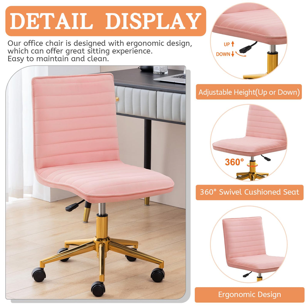 Armless Vanity Chair with Wheels, Computer Rolling Desk Chair with Back, Pink Office Chair with Height Adjustable Soft Velvet Fabic Gold Metal Base Stool,Pink
