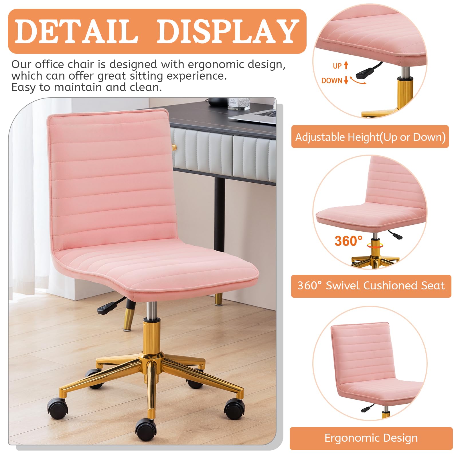 Armless Vanity Chair with Wheels, Computer Rolling Desk Chair with Back, Pink Office Chair with Height Adjustable Soft Velvet Fabic Gold Metal Base Stool,Pink