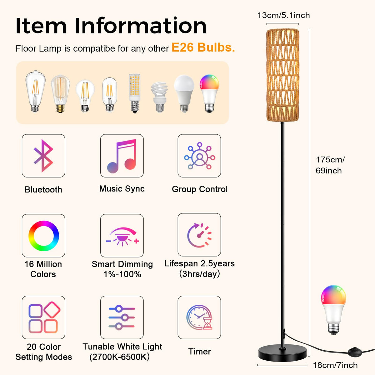 Floor Lamp for Living Room with Smart RGB Bulb, Standing Lamp with Remote, Color Changing Tall Lamps with Music Sync for Bedroom (2-Black)