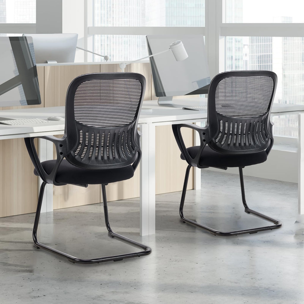 Set of 2, Reception Chair No Wheels, Stationary Non Rolling Mesh Mid Back Computer Guest Side with Lumbar Support for Waiting Area Reception Conference Room,Modern Black