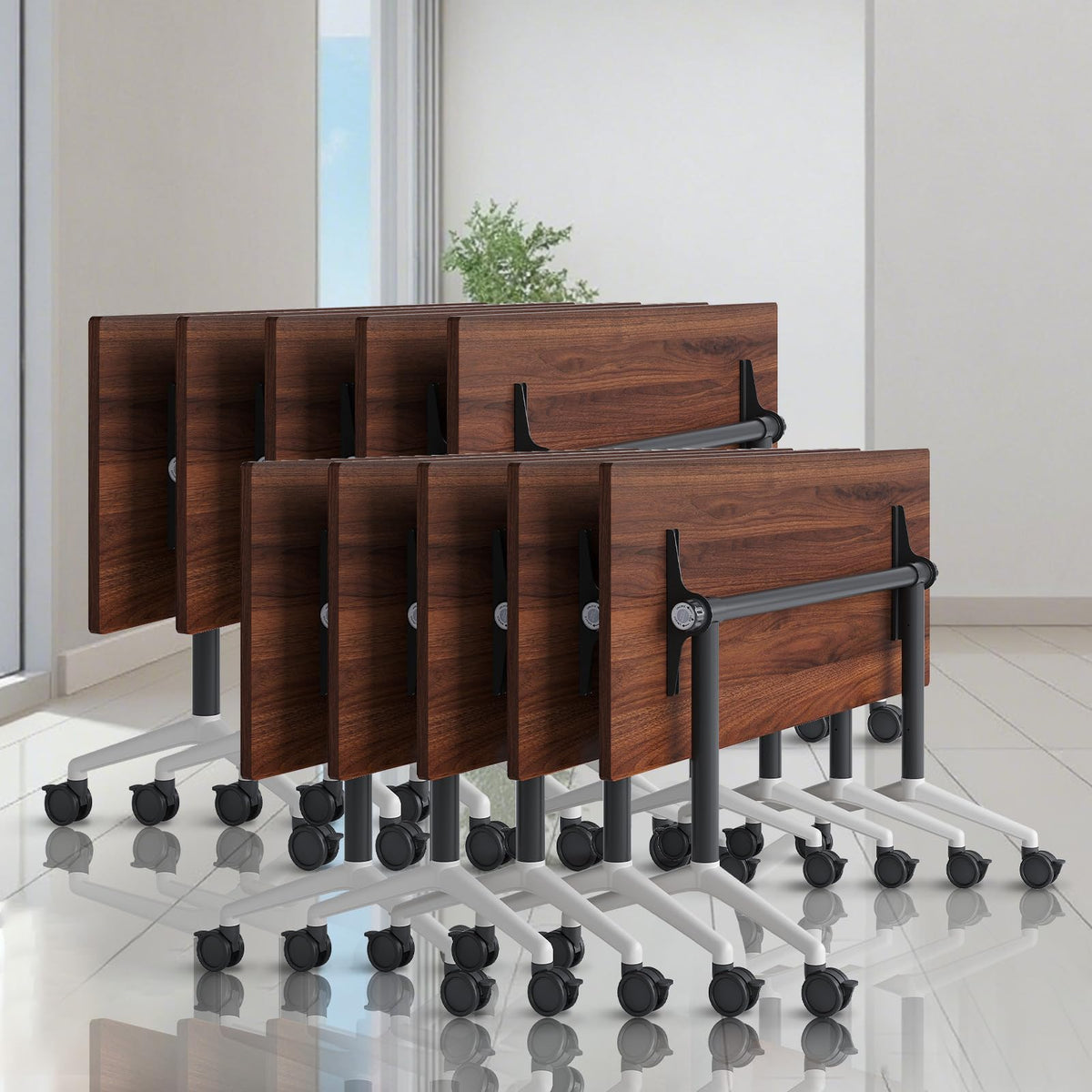Conference Table,Folding Conference Room Tables with Wheels, 6ft Modular Training Tables for Office/Classroom/Meeting, Lockable 360° Silent Wheels＆Space Saving Stackable, Walnut Finish, 10 Pack