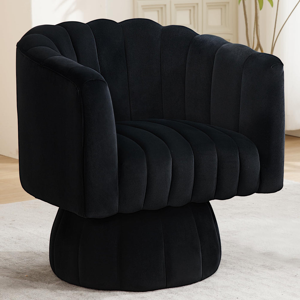 Swivel Accent Barrel Round Chair - Comfy 360° Arm Chairs Cute Small Sofa Club Velvet Reading Chair for Office Living Room Bedroom - Black