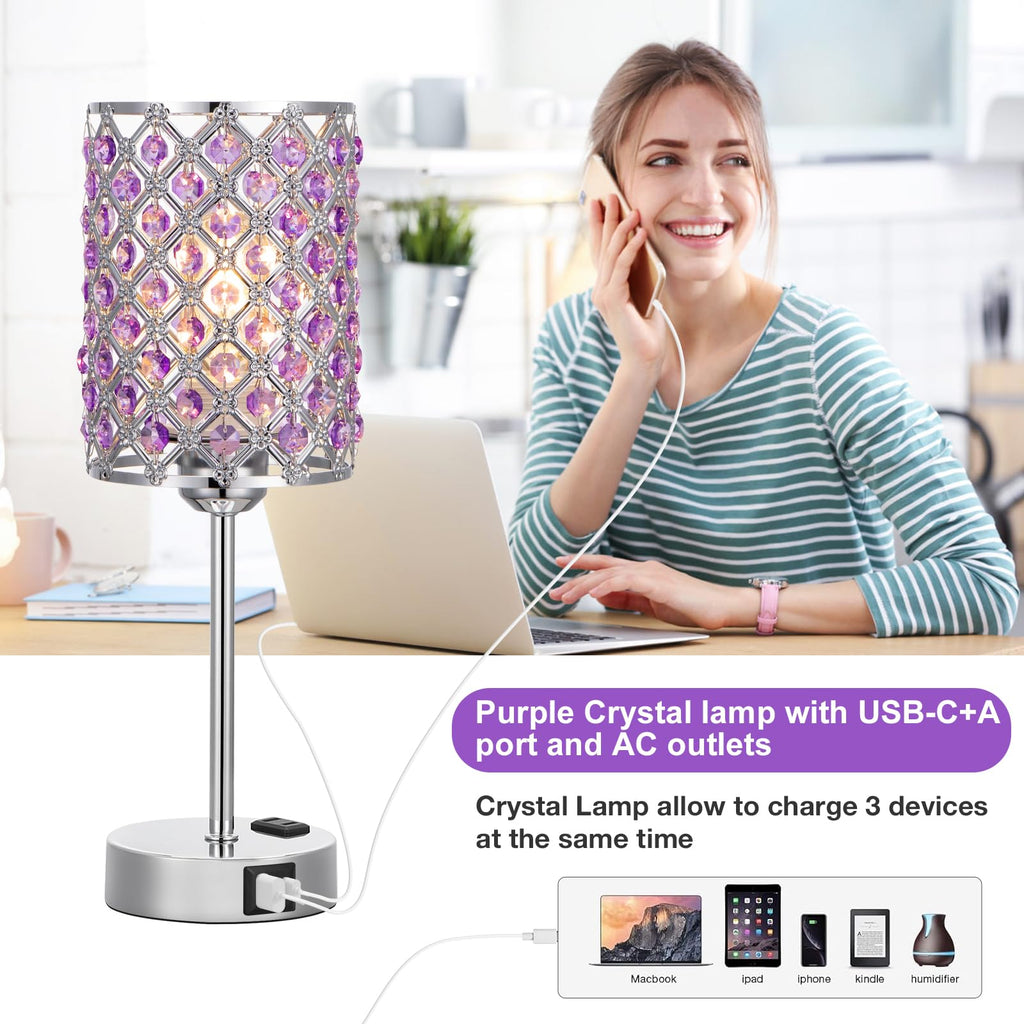 Crystal Lamps for Night Stands, Purple Table Lamp for Bedroom