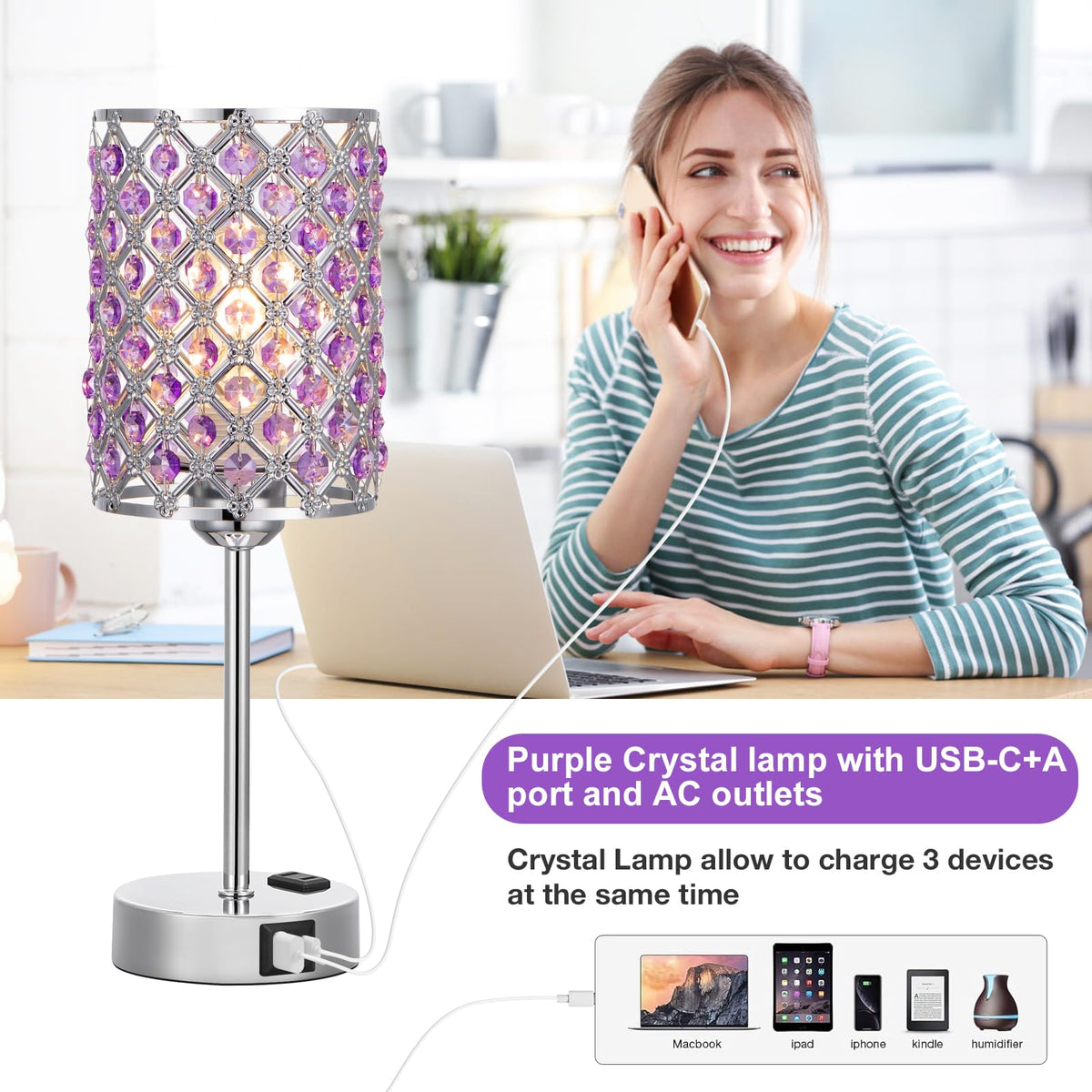 Crystal Lamps for Night Stands, Purple Table Lamp for Bedroom
