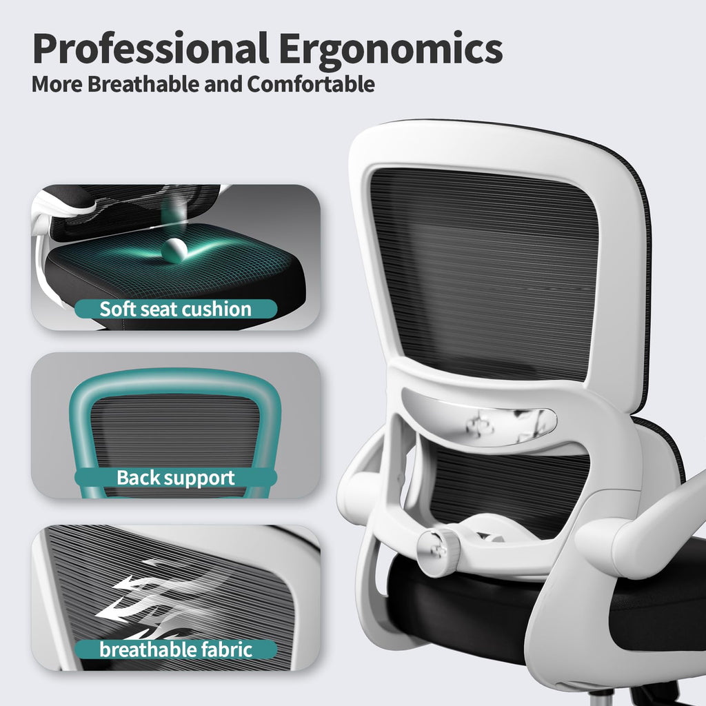 Office Chair - Ergonomic Desk Chair with Adjustable Lumbar Support, Mesh Computer Chair, Executive Chairs for Home Office Comfortable Lumbar Support (White+Black)