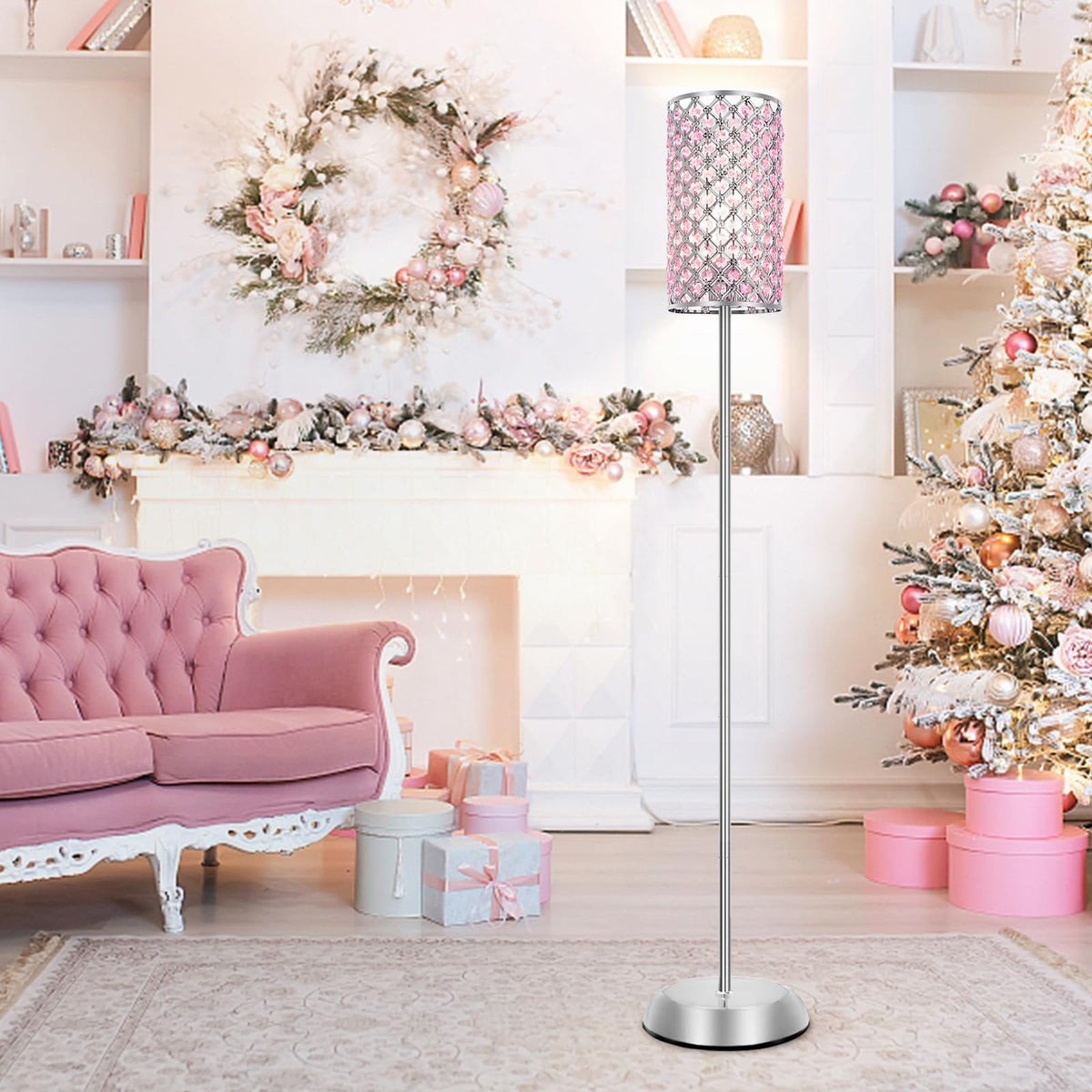 Crystal Floor Lamp for Bedroom, Living Room Pink Floor Lamps Modern Tall Lamp with On/Off Foot Switch Glam Standing Light for Girls Bedroom Minimalism Pole Corner Lamp for Office Dorm Hotel