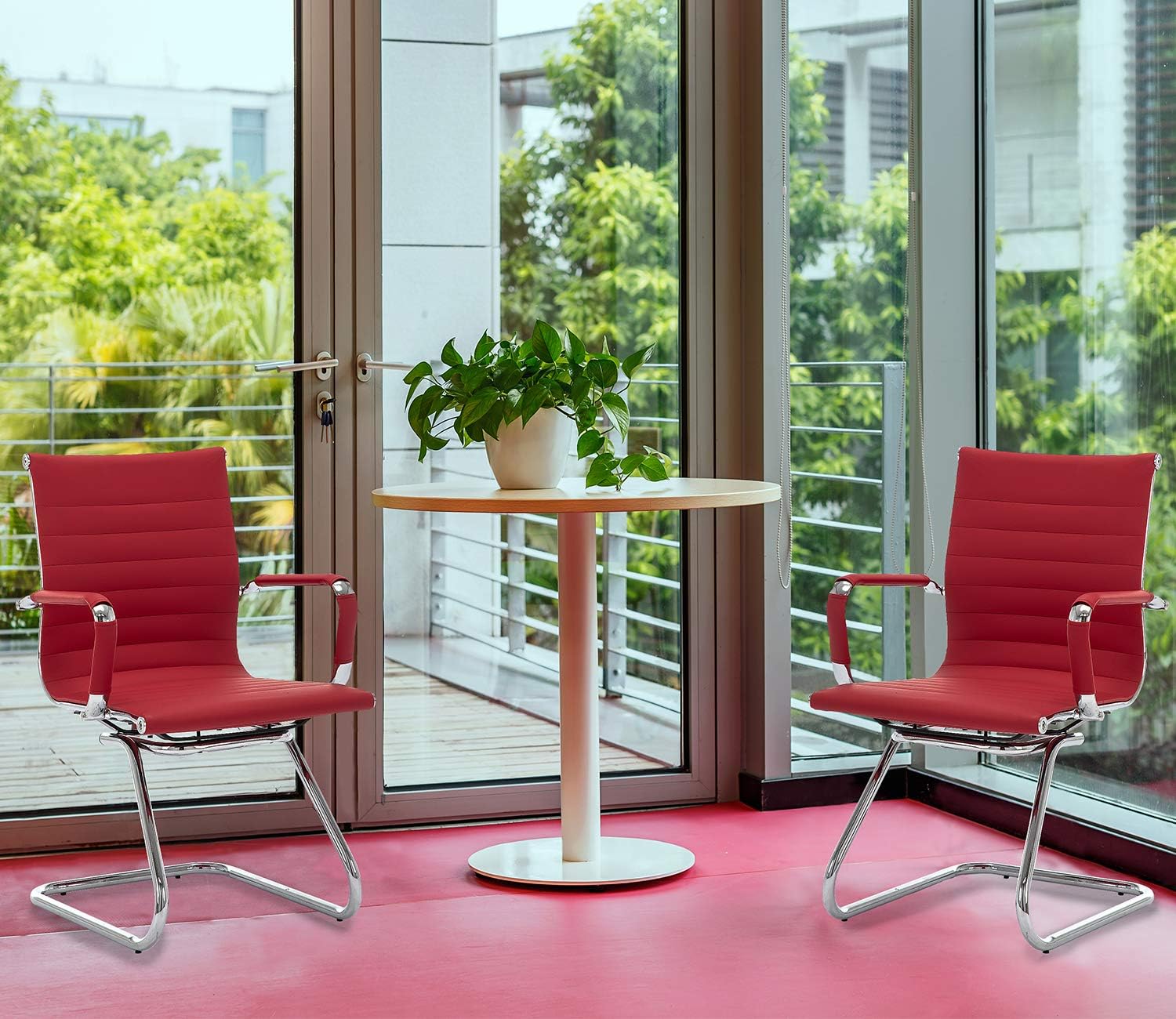 No Wheels Chairs Waiting Room Chair Leather Conference Chairs Back Support Heavy Duty Office Chair with Arm, Set of 2 (Deep Red)