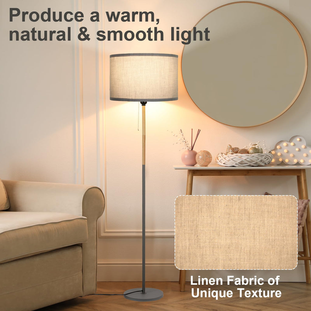 Bedroom Standing Floor Lamp, Farmhouse Lamp with Linen Shade, Grey