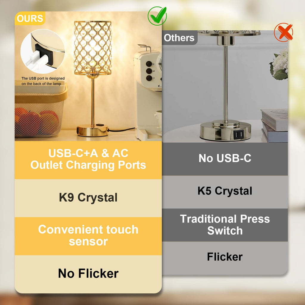 Gold Lamps for Night Stands, Crystal Table Lamp with Touch Control