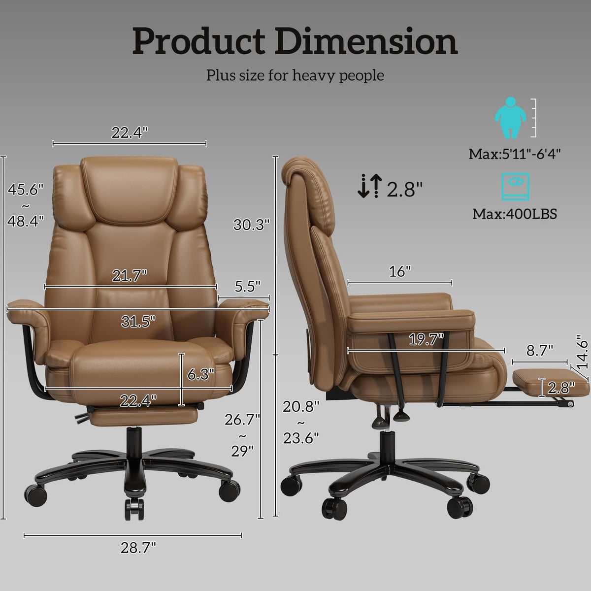 160 Reclining Office Chair with Footrest, Big & Tall Desk Chair, Brown