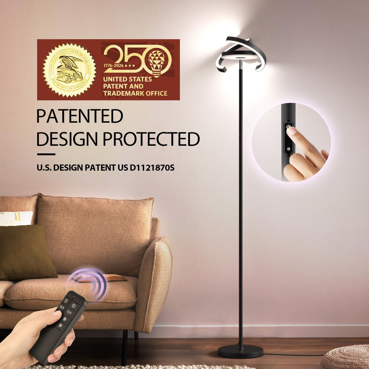 LED Floor Lamp, Dimmable 3000-6000K, Remote & Touch Controls Black