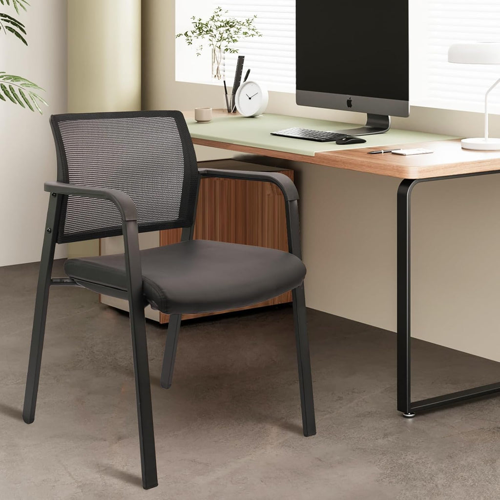 Set of 8, Stackable Office Chair, Mesh Back Guest Chairs with Comfortable Leather Seat Arms Stacking Ergonomic Desk Chair No Wheels for Conference Waiting Reception School Stationary, Black