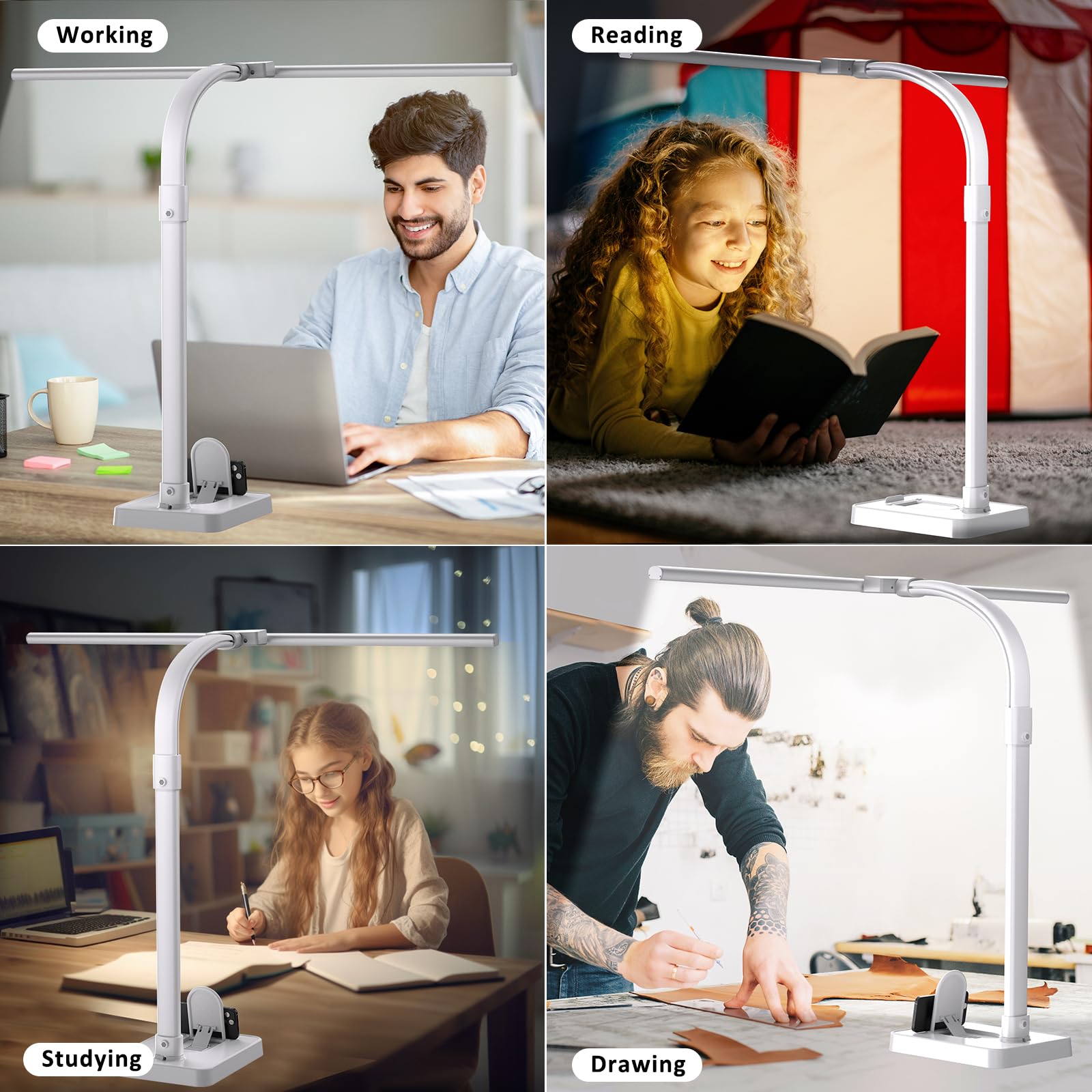 Double Head LED Desk Lamp, Architect Desk Lamps for Office, 24W Brightest Workbench Office Lighting-5 Color Modes and 5 Dimmable Eye Protection Modern Desk Lamp (White-Desktop, Big)
