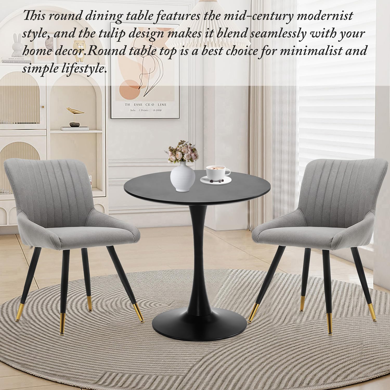 TUOMUR Black Round Dining Table, 27.6" Tulip Table Kitchen Round Dining Table for 1-2 People with MDF Table Top and Metal Pedestal Base, Mid-Century Leisure Table for Home, Dining Room, Cafe