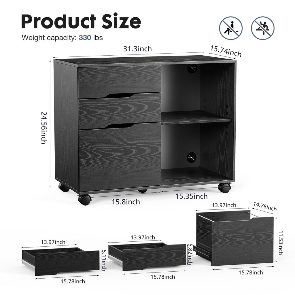 Wood File Cabinet with 3 Drawers, Rolling Printer Stand