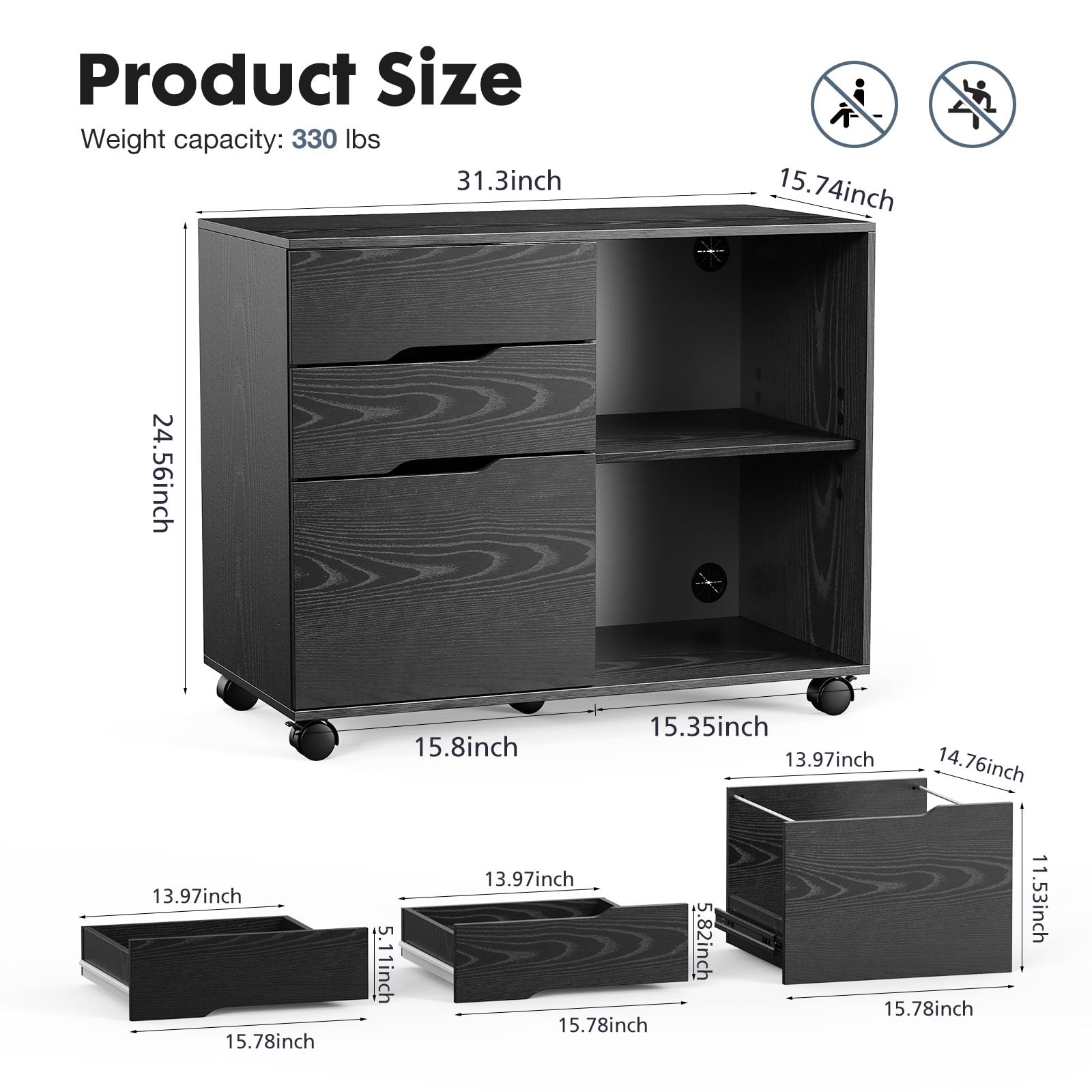 Wood File Cabinet with 3 Drawers, Rolling Printer Stand