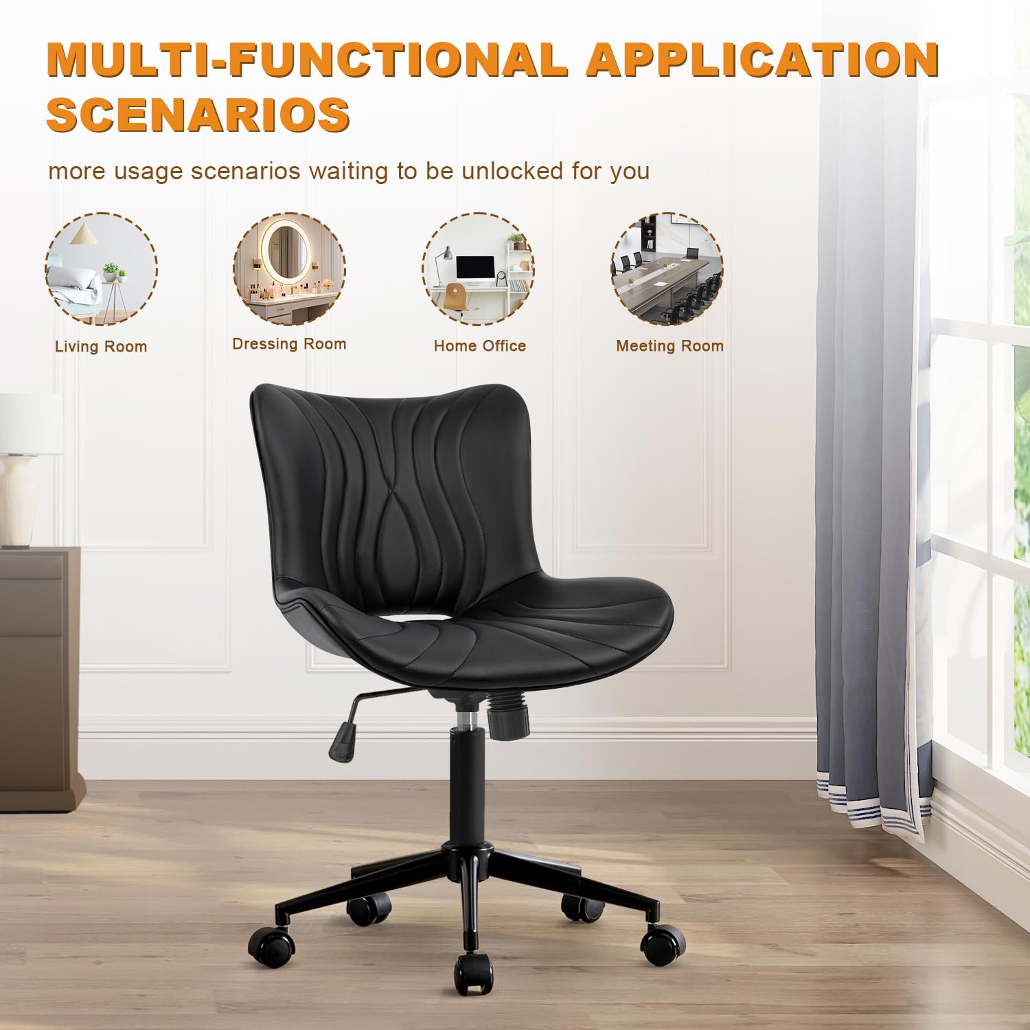 Armless Office Chair, Height Adjustable Desk Chair with Wheels, Ergonomic Comfy 360° Swivel Home Office Computer Task Chair, Faux Leather Padded Cute Vanity Chair,Black