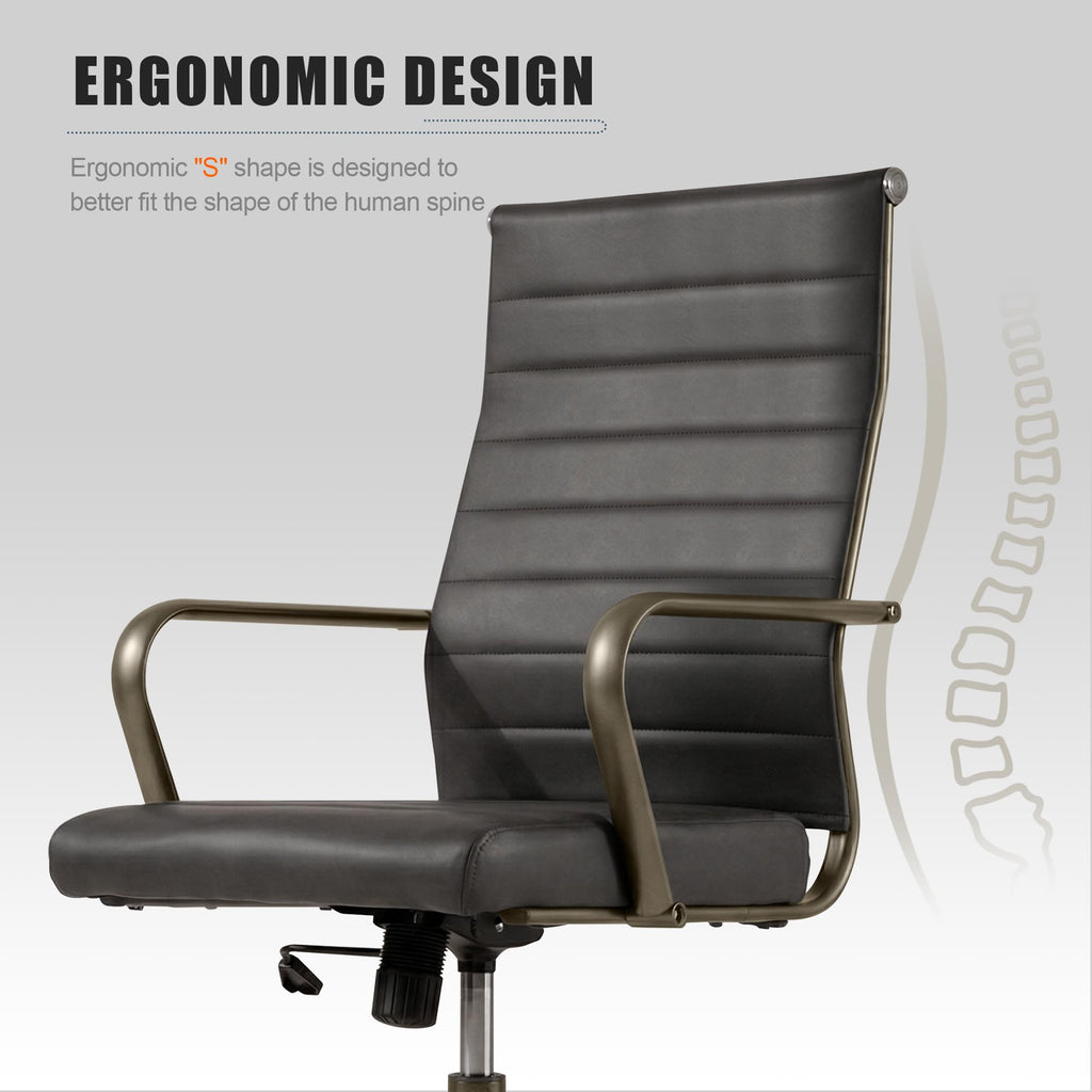 Leather Office Desk Chair, Ergonomic Mid Century Modern Conference Room Chairs, Executive Ribbed Height Adjustable Swivel Rolling Chair for Home Office.