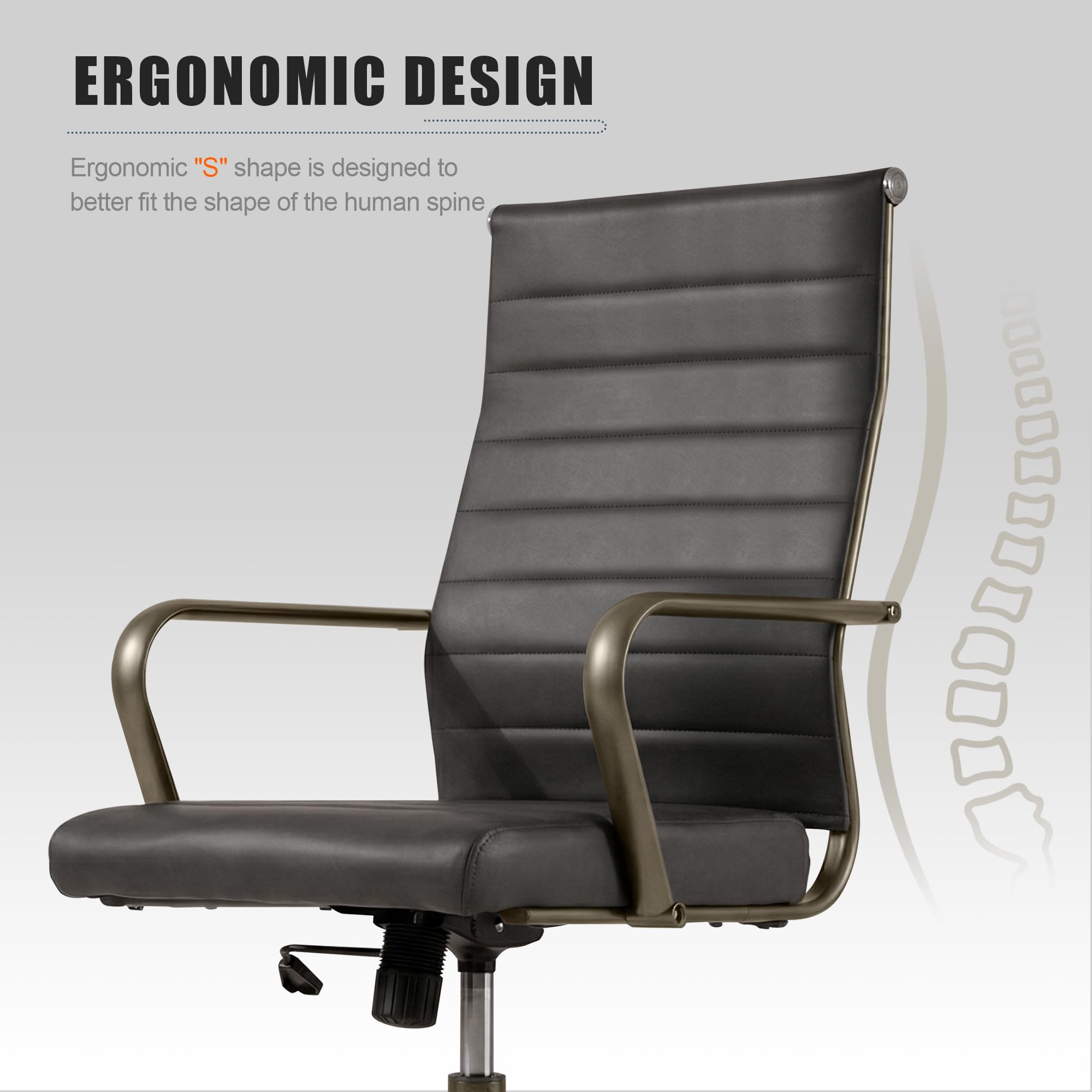 Leather Office Desk Chair, Ergonomic Mid Century Modern Conference Room Chairs, Executive Ribbed Height Adjustable Swivel Rolling Chair for Home Office.