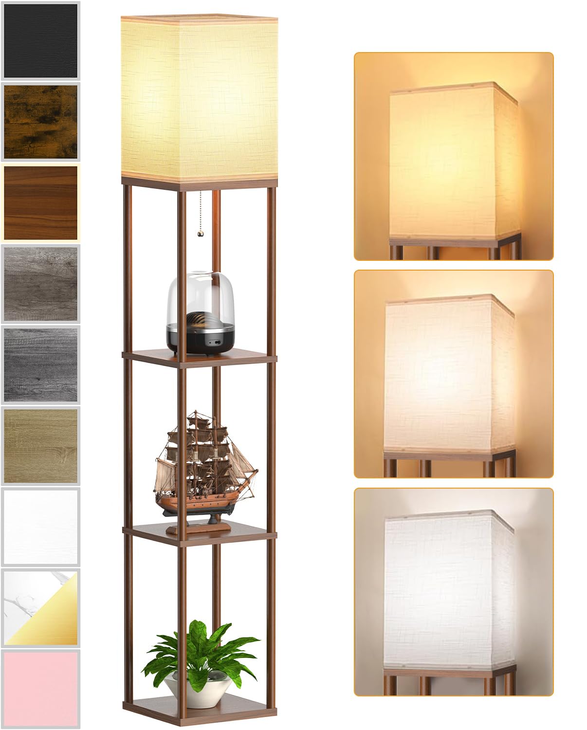 Floor Lamp with Shelves for Living Room Walnut Brown, Shelf Floor Lamp with 3 CCT LED Bulb, Corner Display Standing Column Lamp Etagere Organizer Tower Nightstand with White Linen Shade for Bedroom