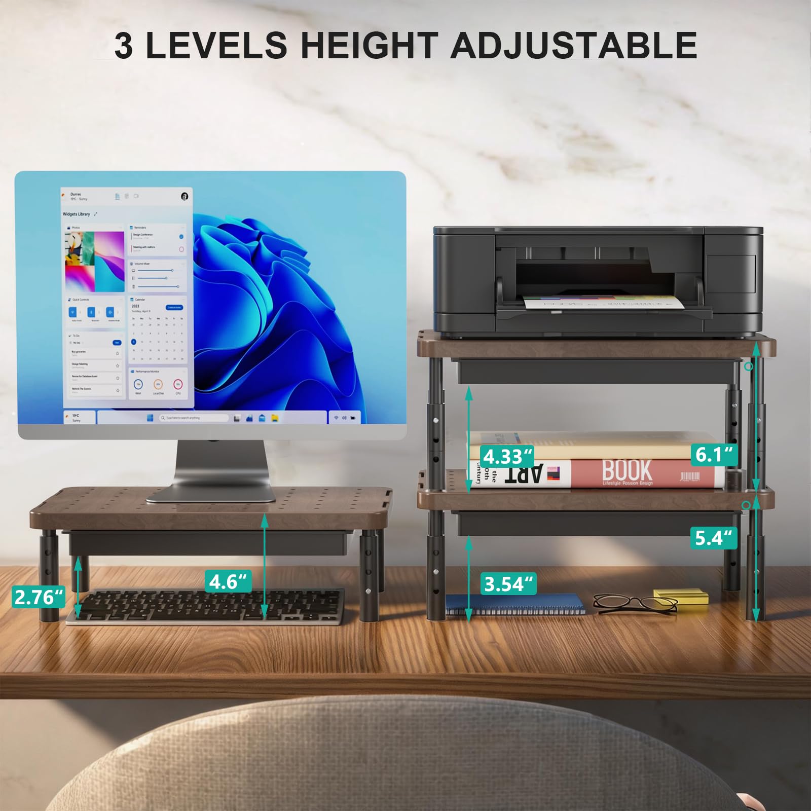 Plastic Computer Monitor Stand with Storage, Desk Monitor Riser 3 Height Adjustable, Laptop Riser with Airflow Vents, Desk Organizer for Computer, Laptop, Printer (PTT002-C), 1 Pack, Brown
