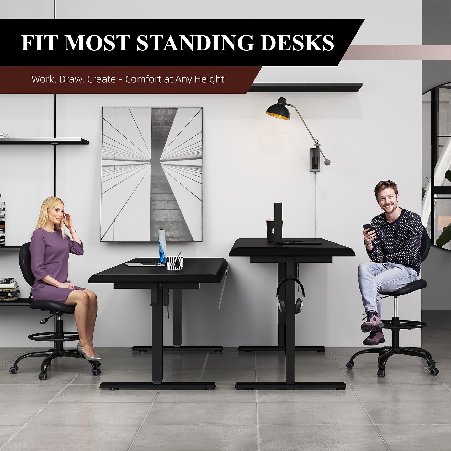 Drafting Chair with Back Support, Tall/High Desk Rolling Stool with Footrest Ring, Faux Leather Office Chair with Height Adjustable for Standing Desk, Home Office, Bar, Workbench & Kitchen(Black)