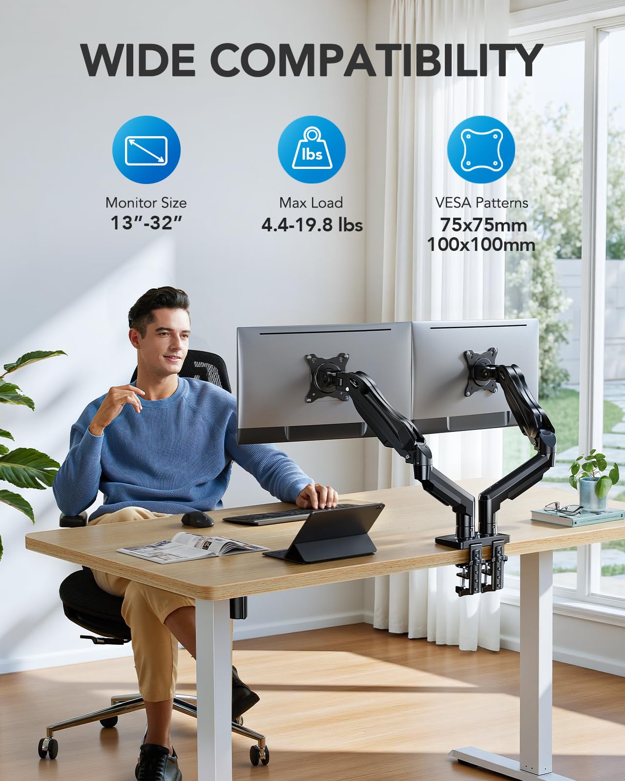 FlowLift™ Dual Monitor Stand, Fully Adjustable Gaming Monitor Desk Mount for 13–32″ Computer Screens, Full Motion VESA 75x75/100x100 with C-Clamp & Grommet Base, Each Arm Holds 4.4 to 19.8 lbs