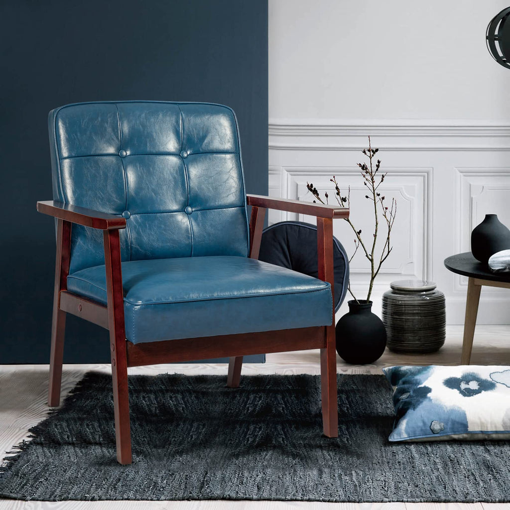 Mid Century Modern Accent Chairs, Retro Wood and Leather Armchairs Side Chair, Lounge Reading Comfy Arm Chair for Living Room, Bedroom, Office (Blue)