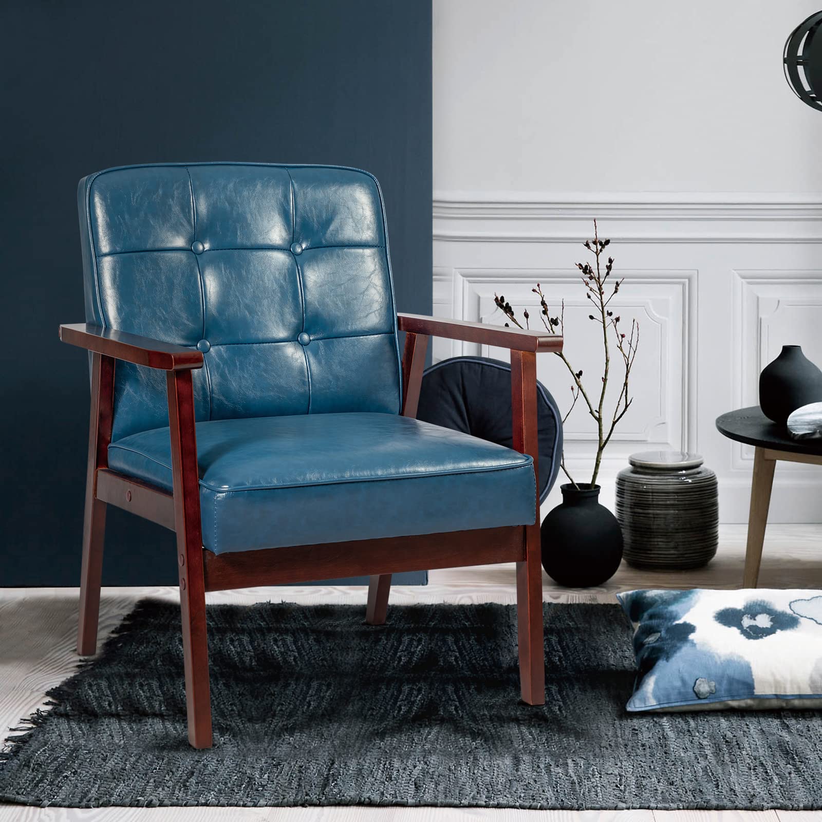 Accent Chairs Set of 2, Mid Century Modern Accent Chair, Retro Wood and Leather Armchairs Side Chair, Lounge Reading Comfy Arm Chair for Living Room, Bedroom, Office (Blue)