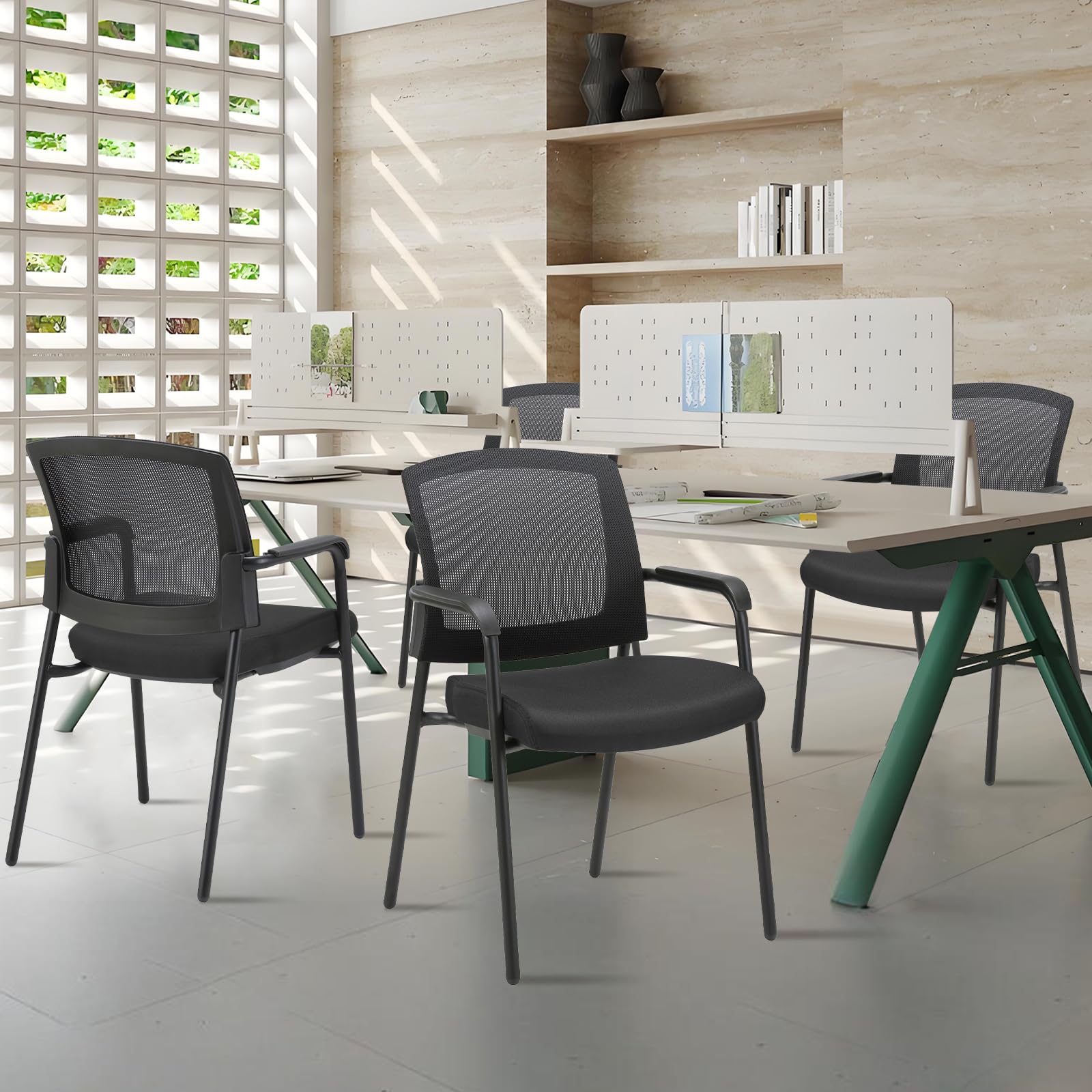 4 Pack, Office Reception Guest Chair Mesh Back Stacking with Ergonomic Lumbar Support and Thickened Seat Cushion for Waiting Conference Room Black