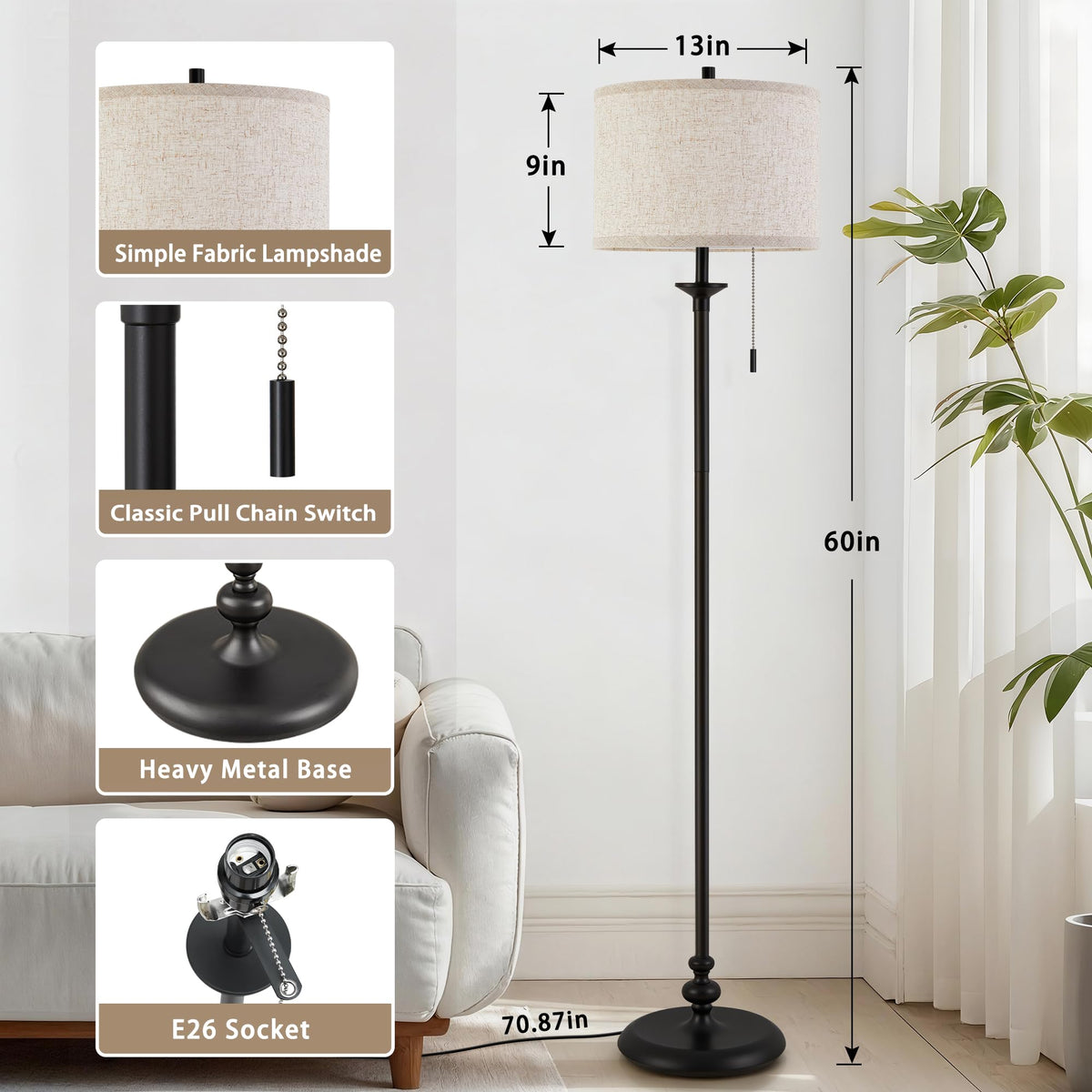 Black Floor Lamp, 60" Standing Lamp with Fabric Lampshade